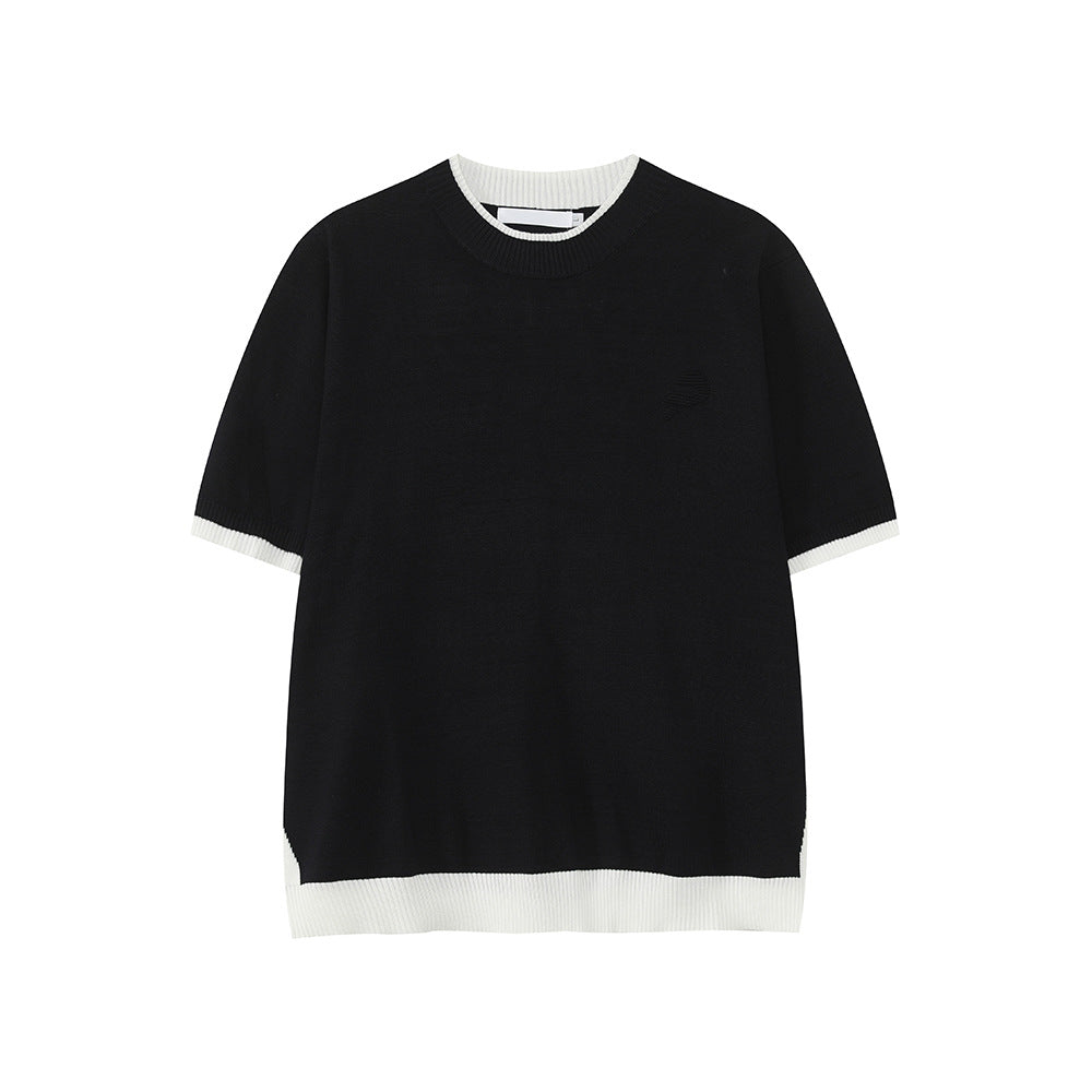 MTLCLOTHES Korean Version of Round Neck Knitted Fake Two-piece Color Matching Tee