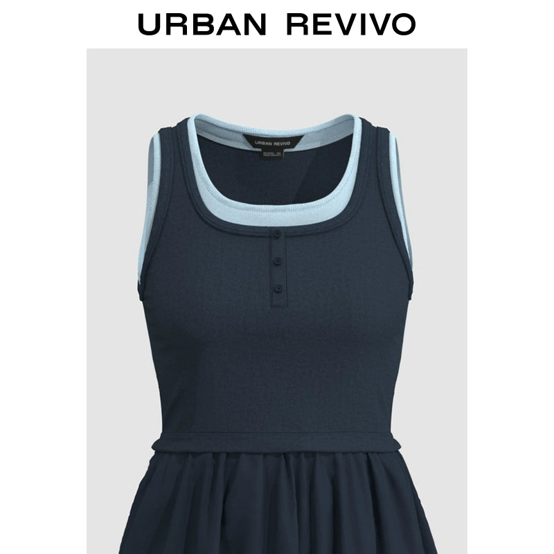 URBAN REVIVO Stitching Fake Two-piece Contrasting Sleeveless Dress