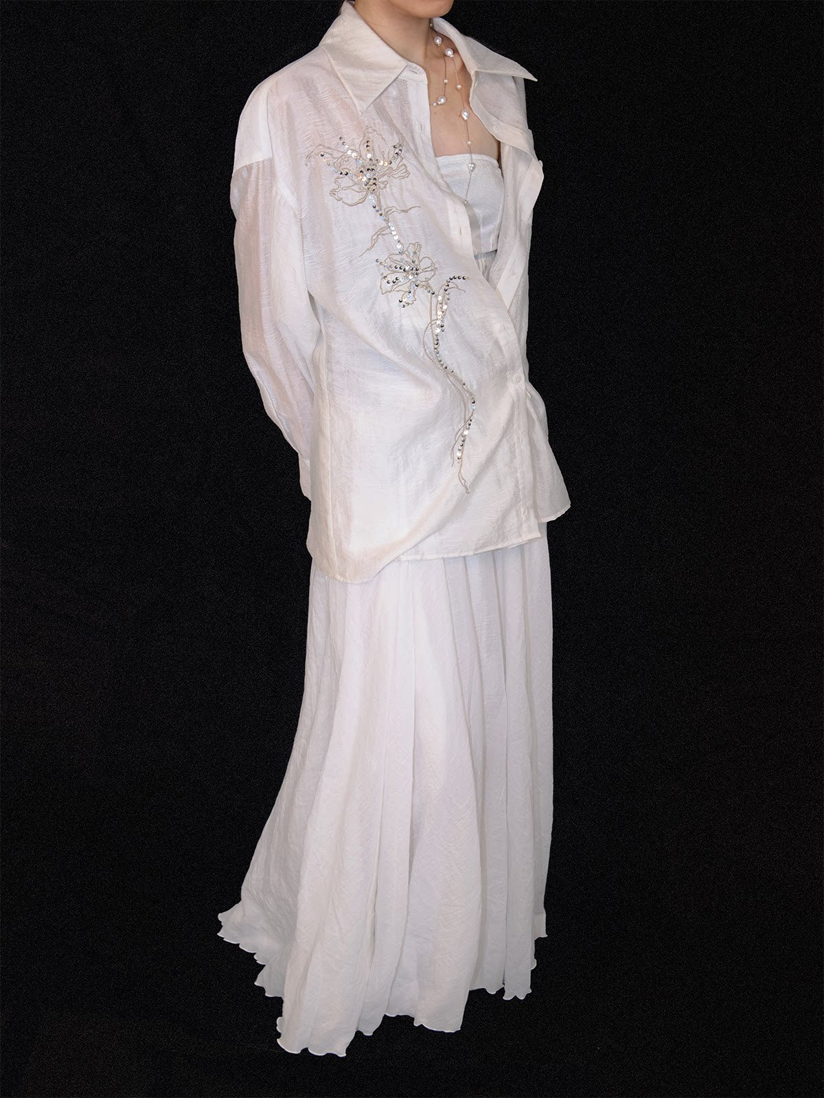 LOUMUTAKU Jacquard Tencel Bead Embroidered Loose Shirt