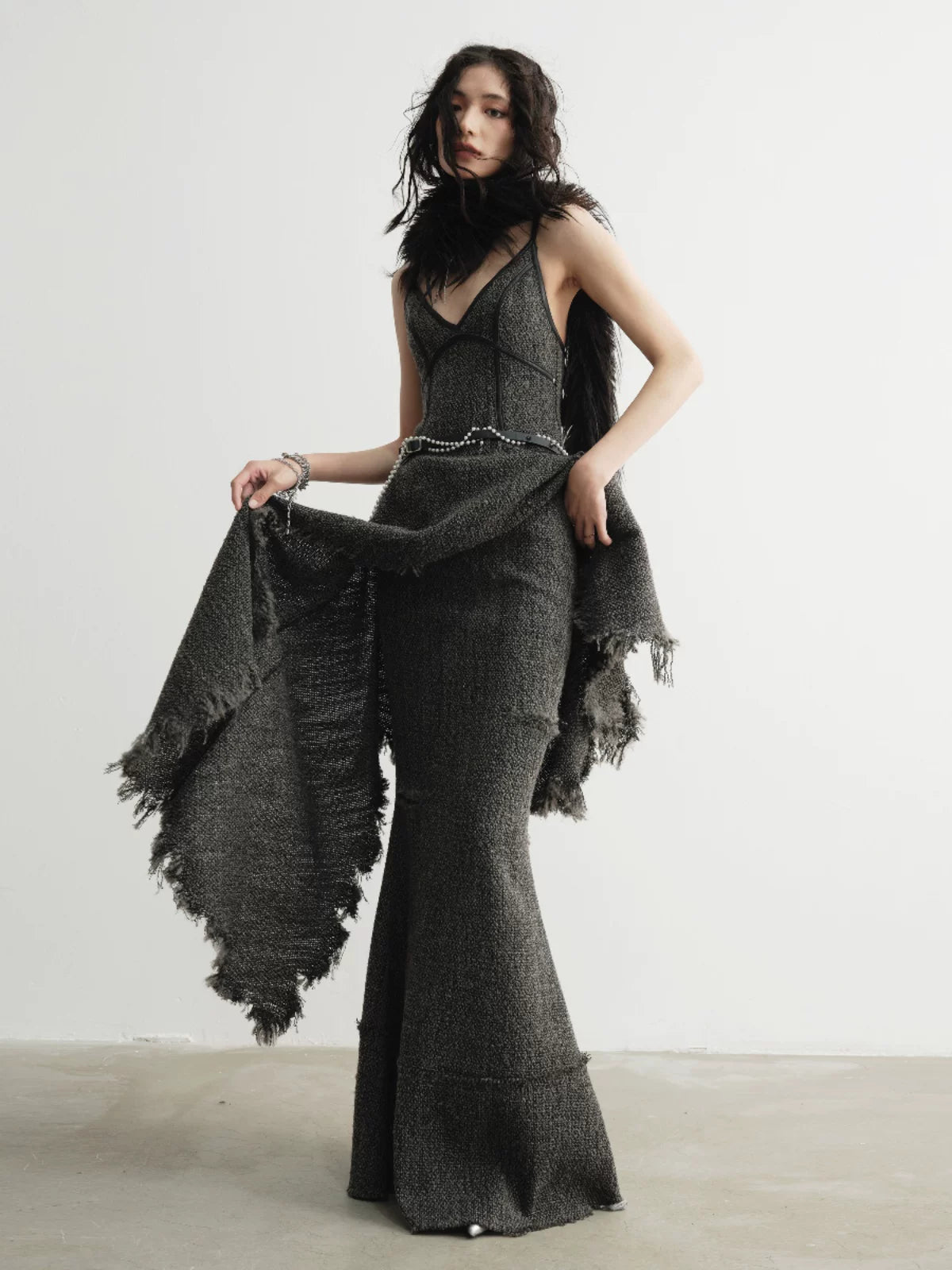 JNYLON Retro Rough Edge Super Long Skirt