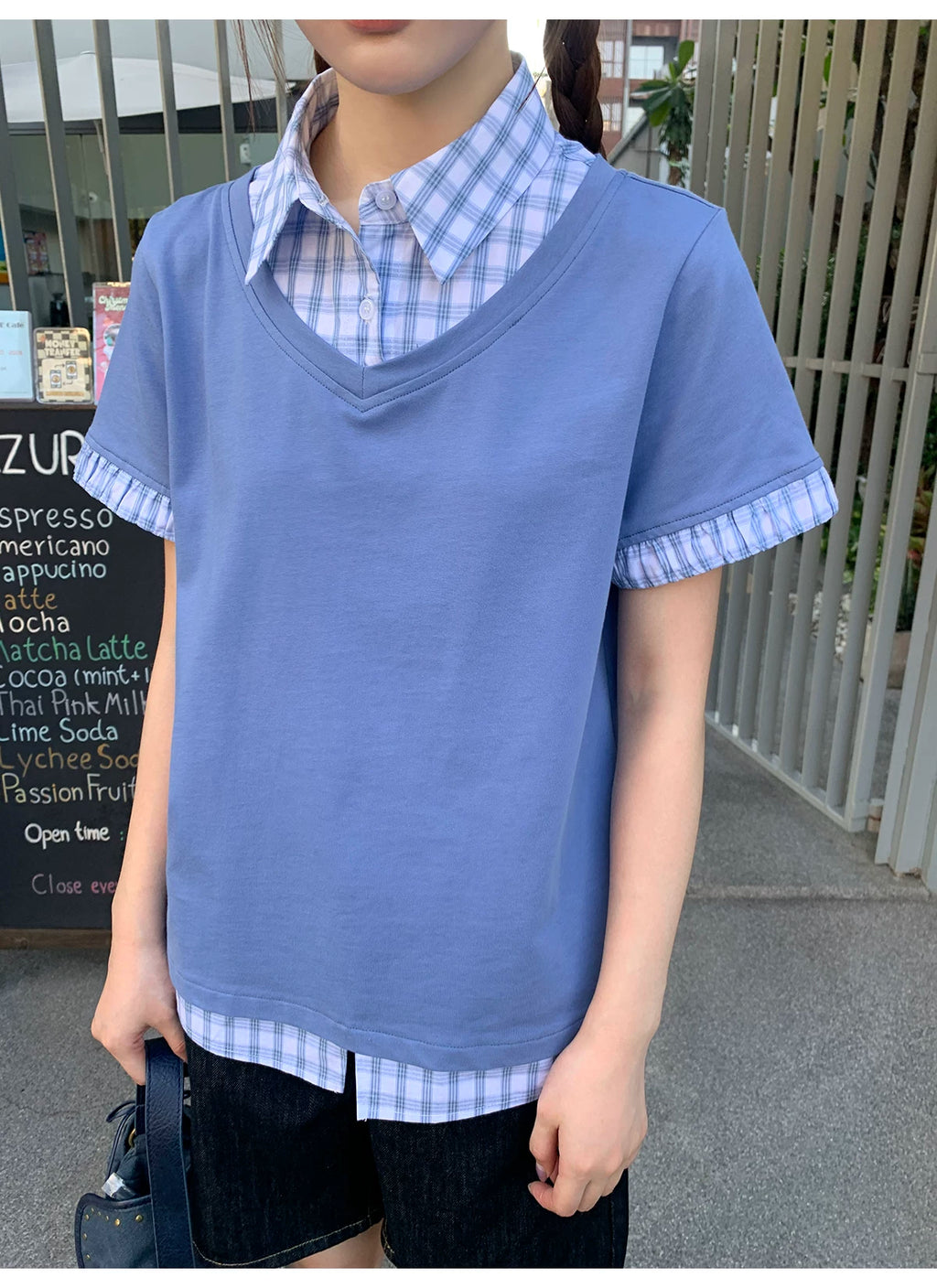 KANO Contrasting Color Lattice Splicing Fake Two-piece Tee