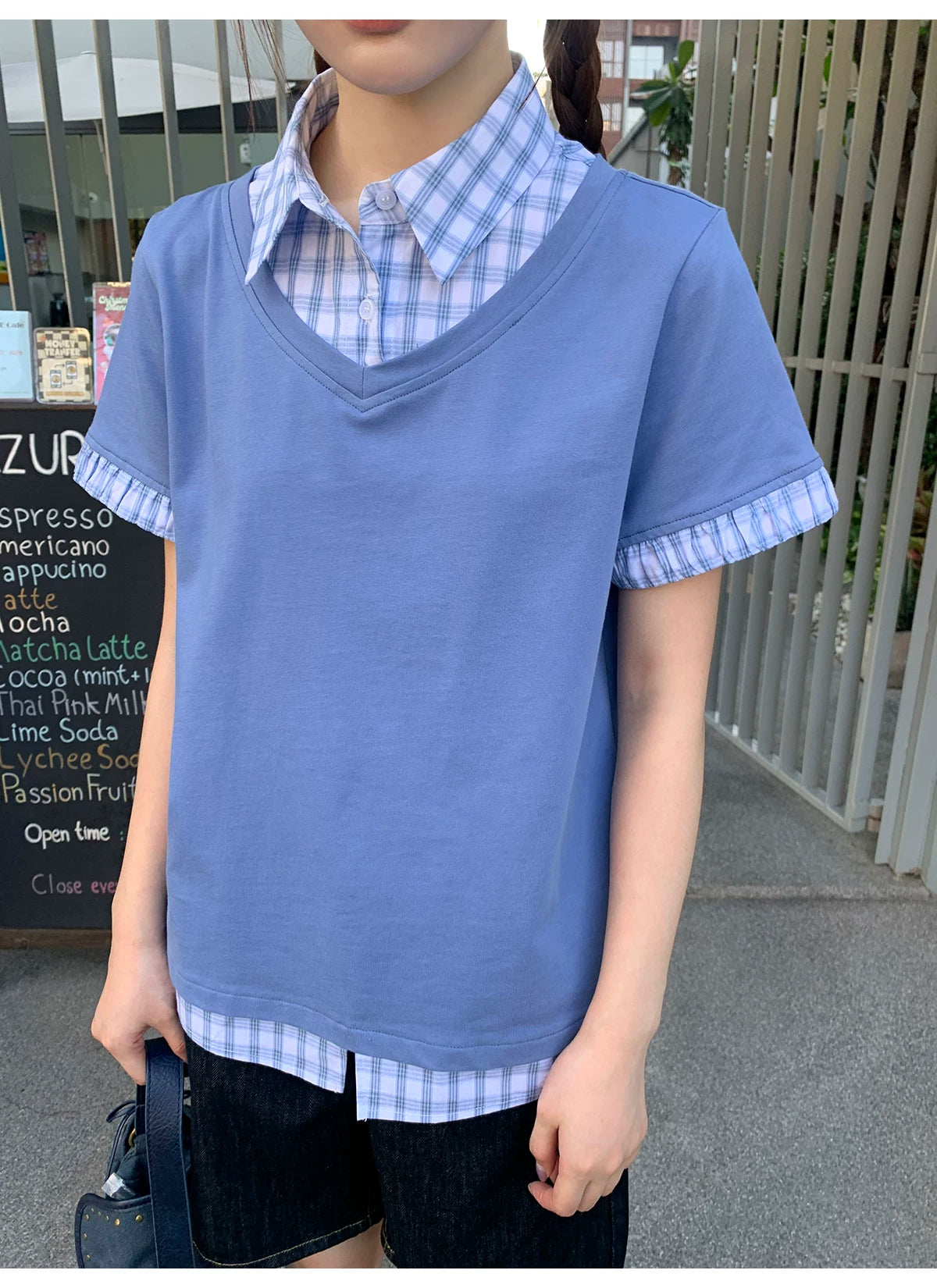 KANO Contrasting Color Lattice Splicing Fake Two-piece Tee