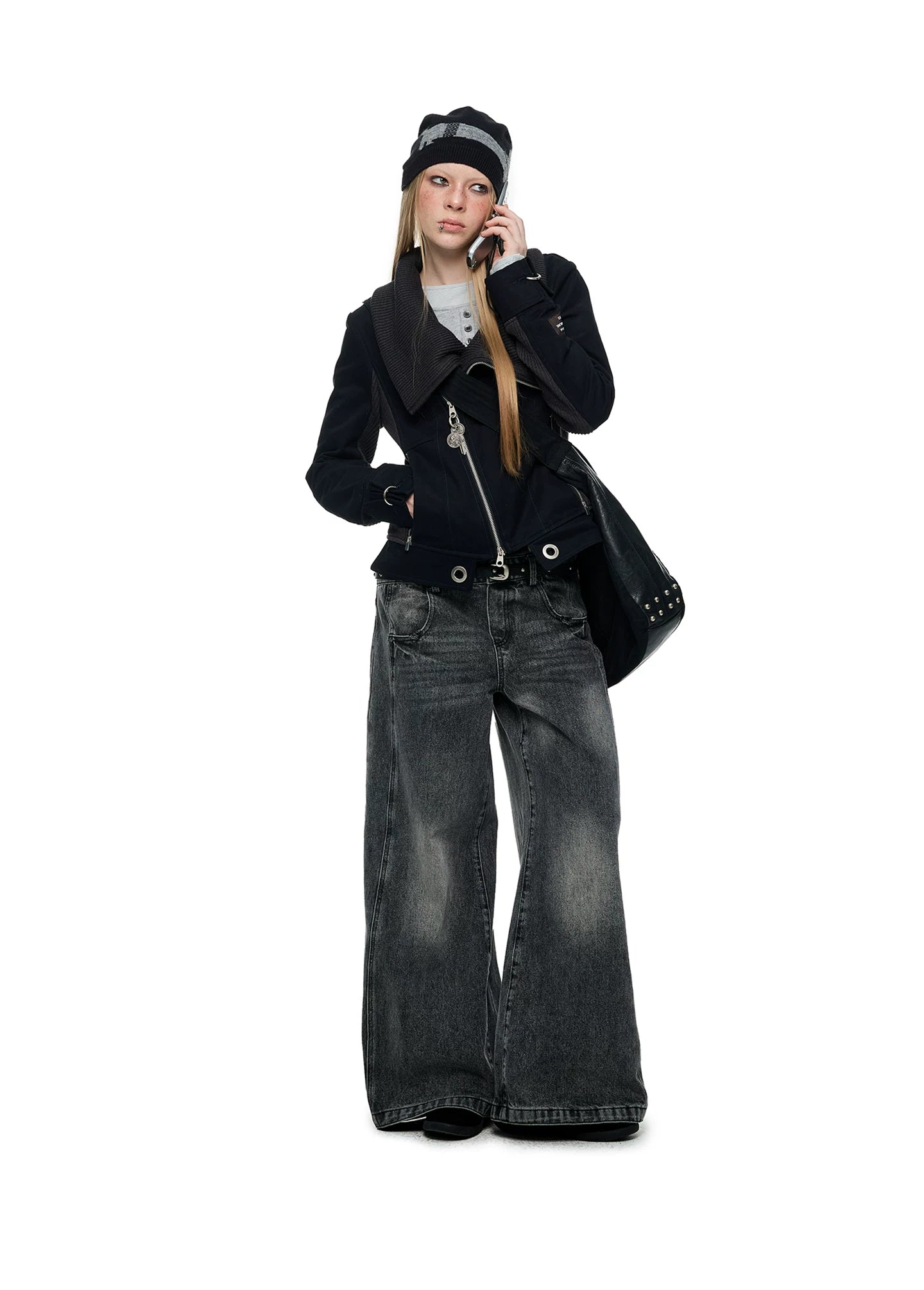JIKOO Splicing Stack Collar Waist Short Jacket
