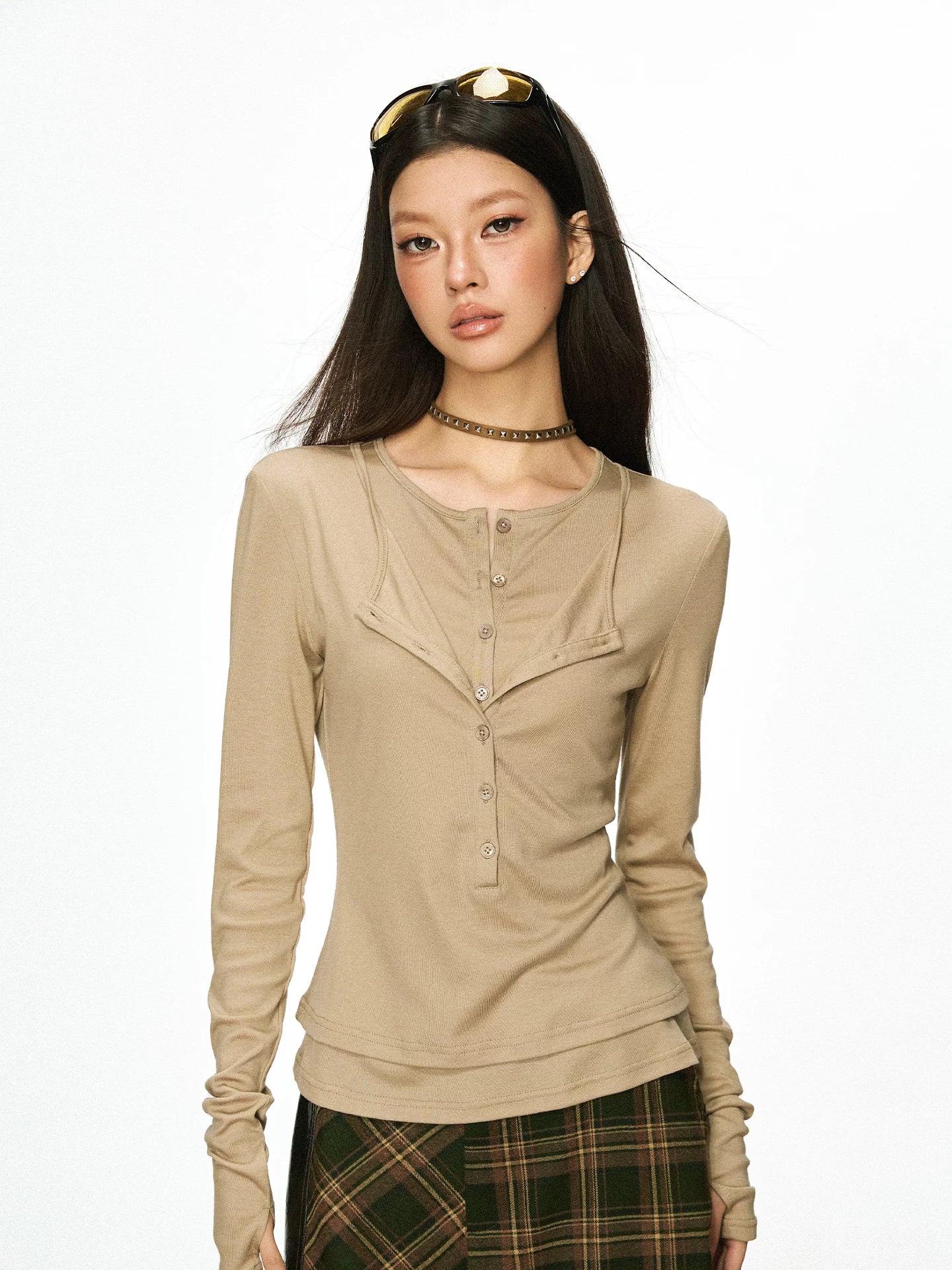 Cherry Melody Henry Shirt Collar Fake Two Long Sleeves