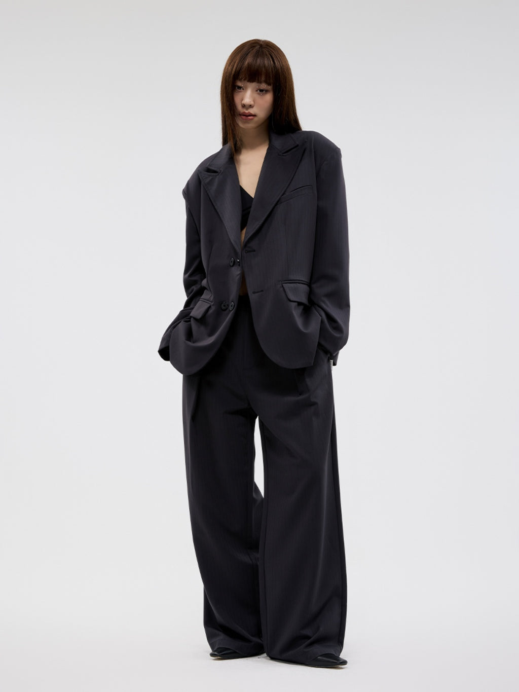 FUNKYFUN Dark Striped Wide Shoulder Padded Blazer