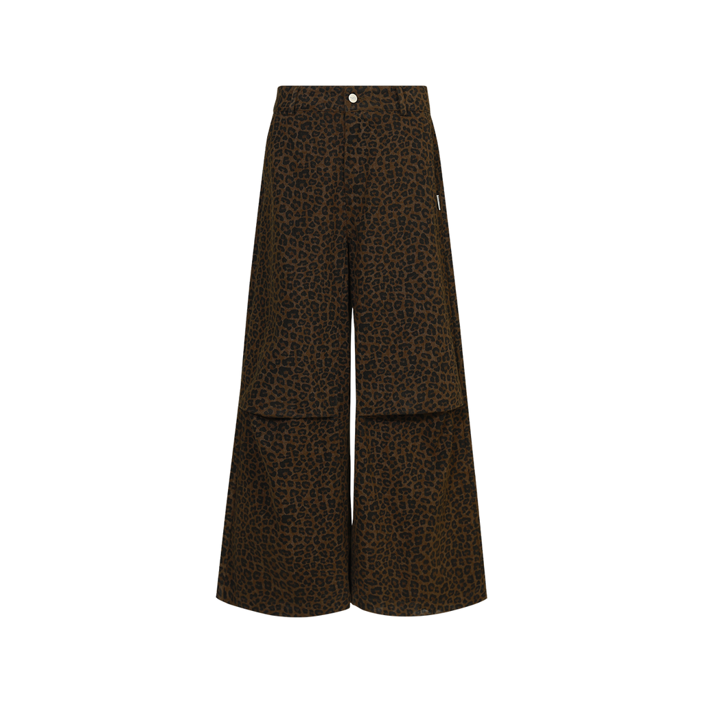 FUNKYFUN Leopard Print Knee Pleated Design Wide-leg Pants