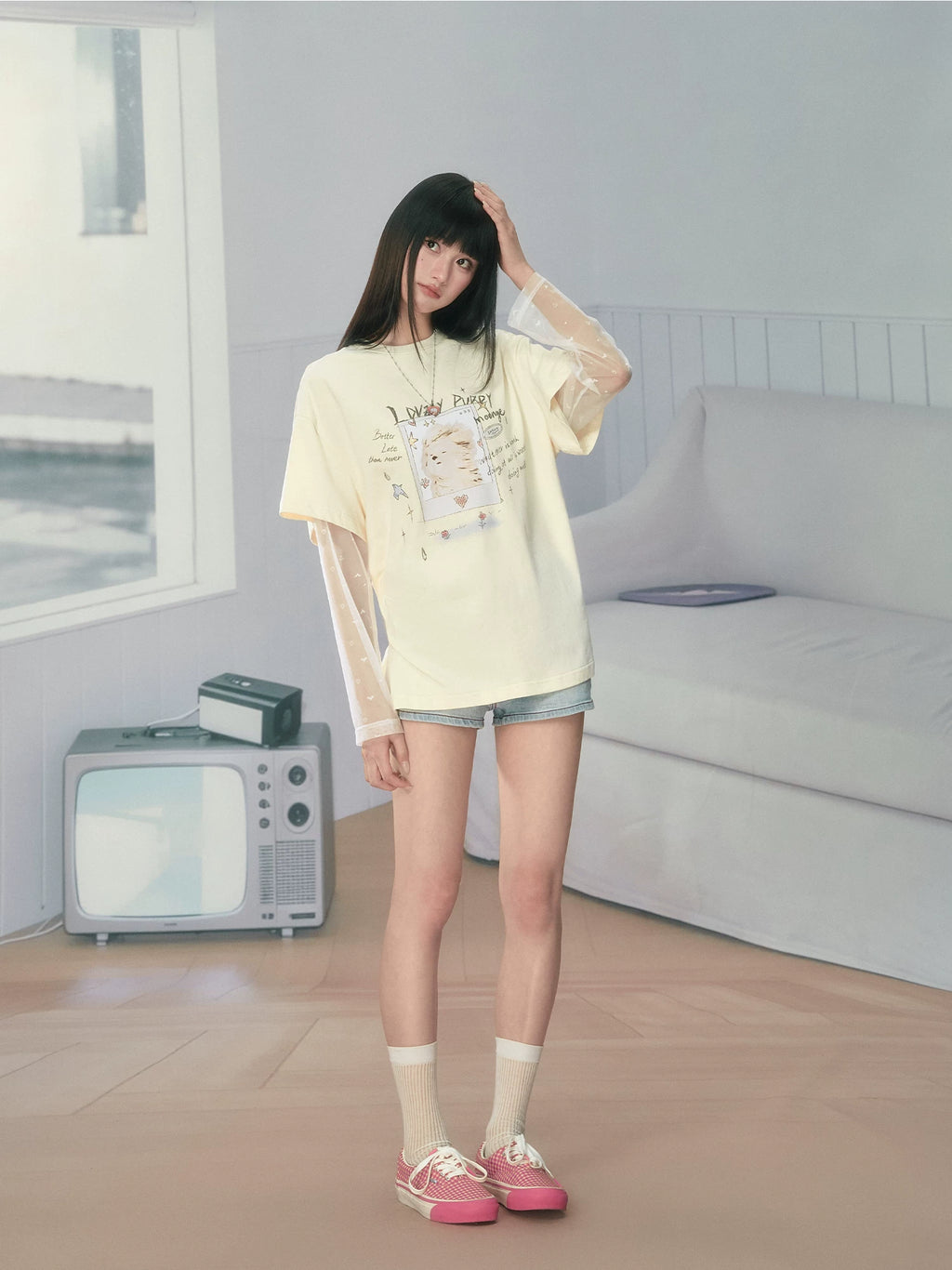 Ablueberry Cool Fake Two Piece Mesh Splicing Tee