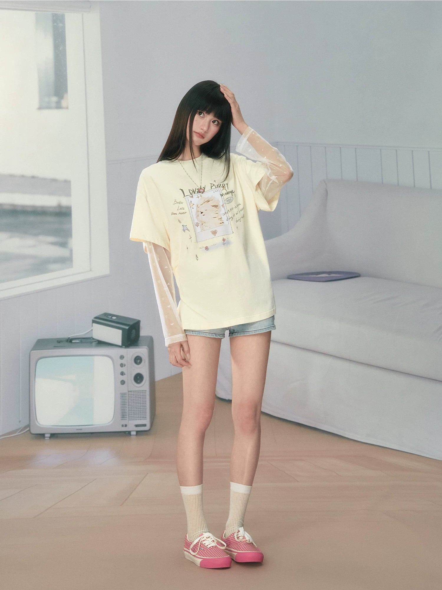 Ablueberry Cool Fake Two Piece Mesh Splicing Tee