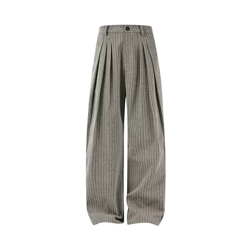 KREATE Striped Linen Pleated Texture Drape A Word Casual Trousers