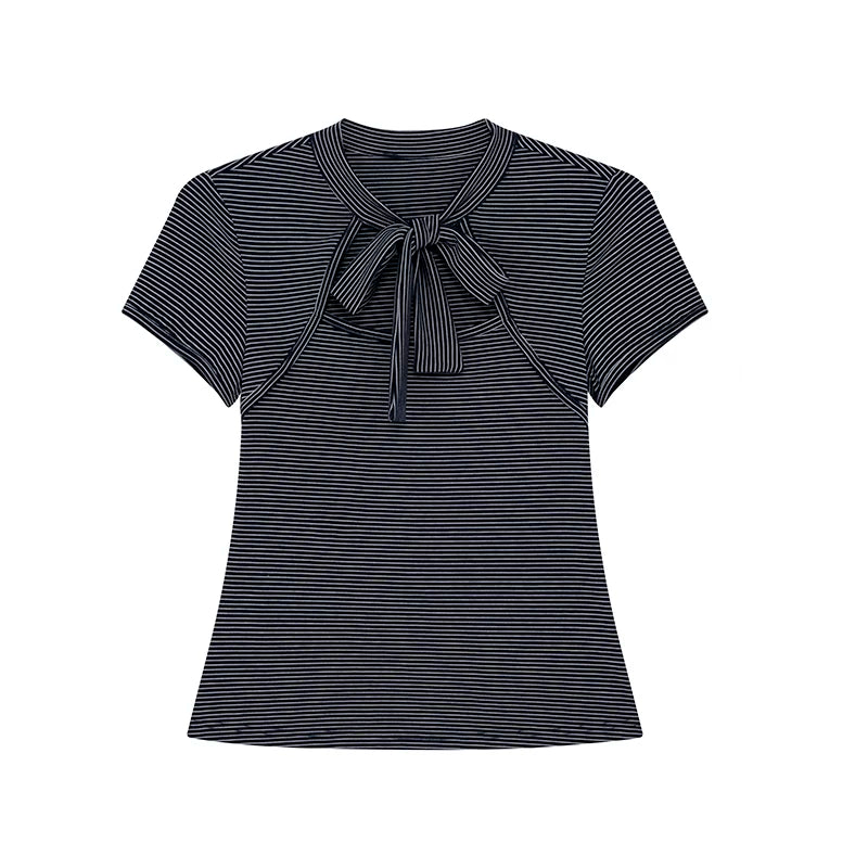 KANO Small Stand Up Collar Striped Strap Slim Fit Tee