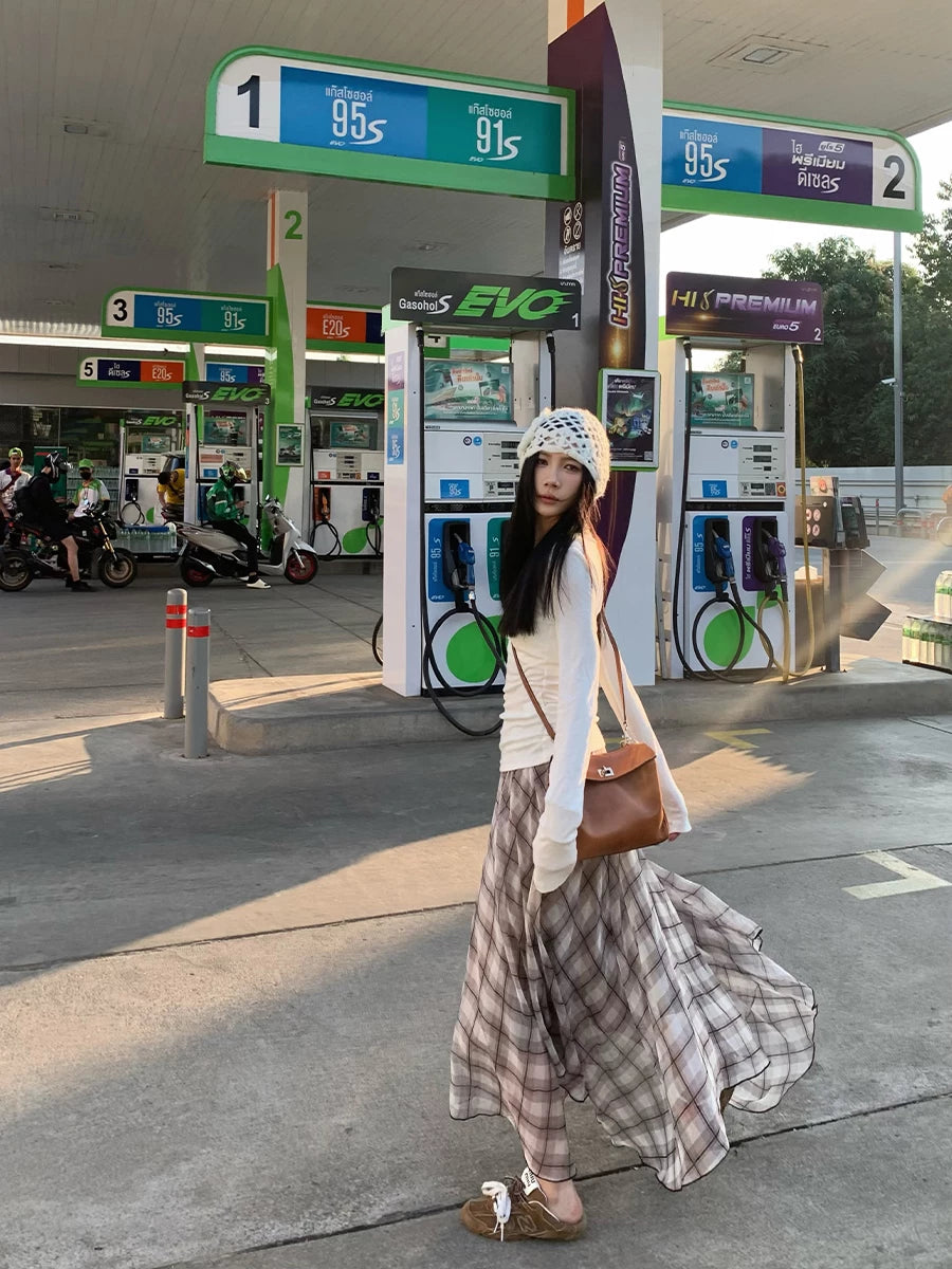 YOUNG KYLIN Plaid Irregular Skirt Temperament Loose Tulle Skirt