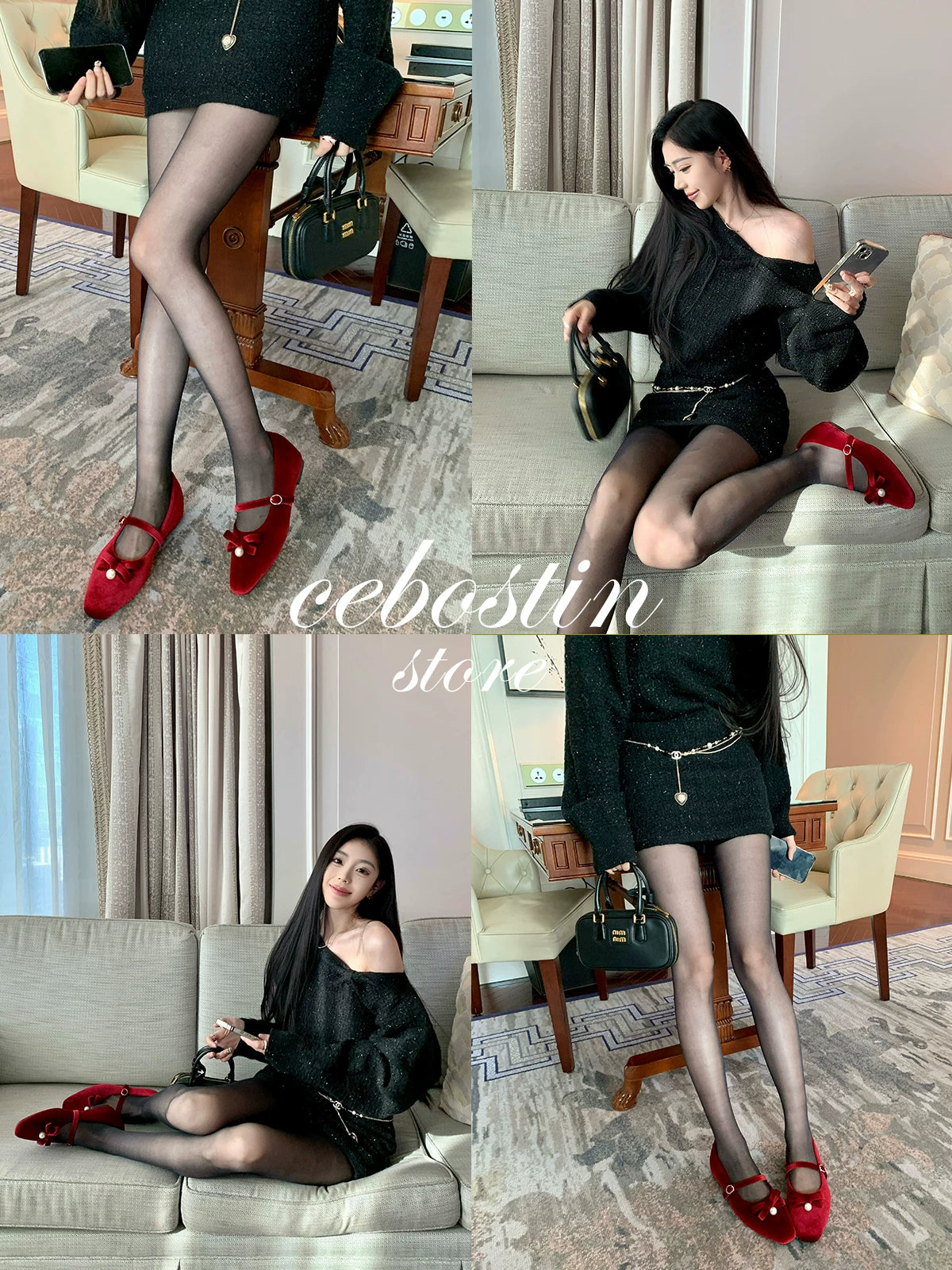 Cebostin Square Head Rhinestone Heightening Shallow Mouth Single Shoe