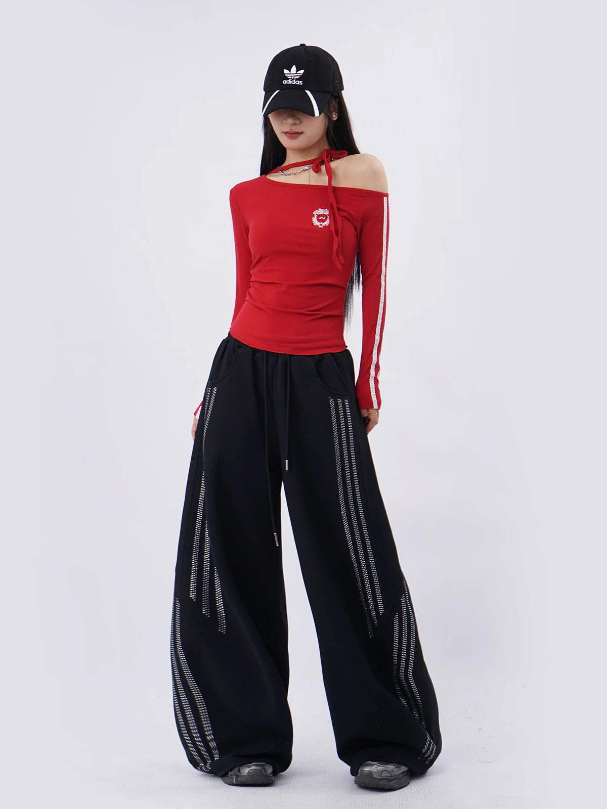 SAMUSAN Slanted Shoulder Striped Strap Long Sleeve