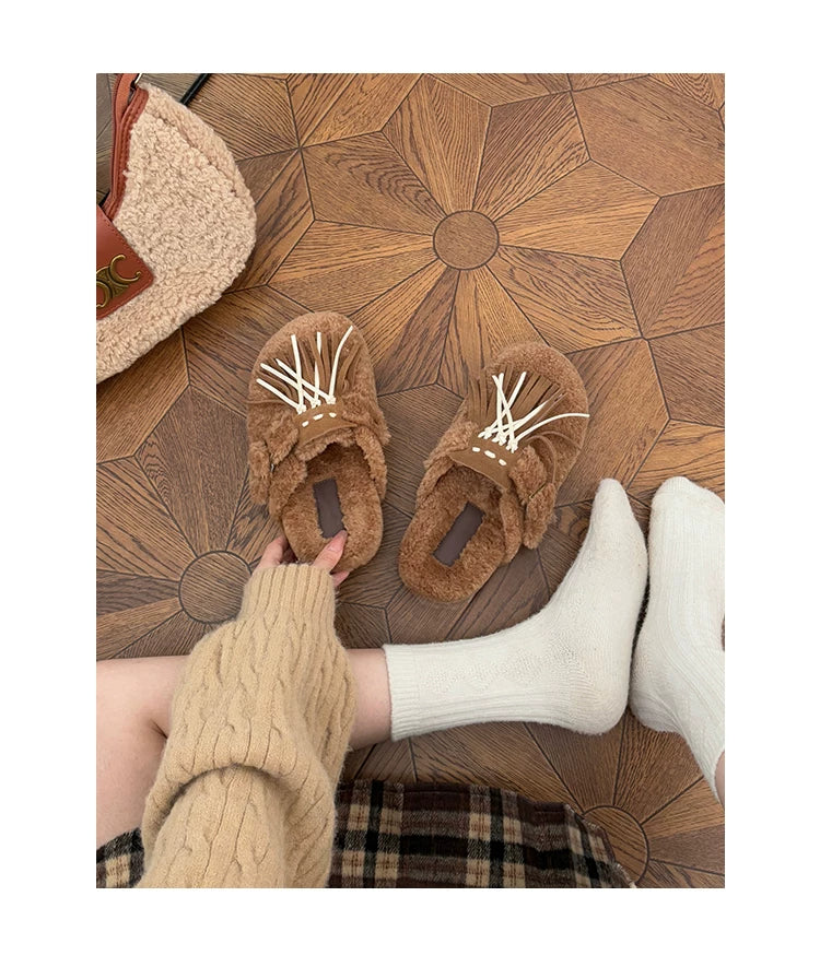 CHRNDXEE Leather Fringed One-pedal Flat-soled Fluffy Shoes