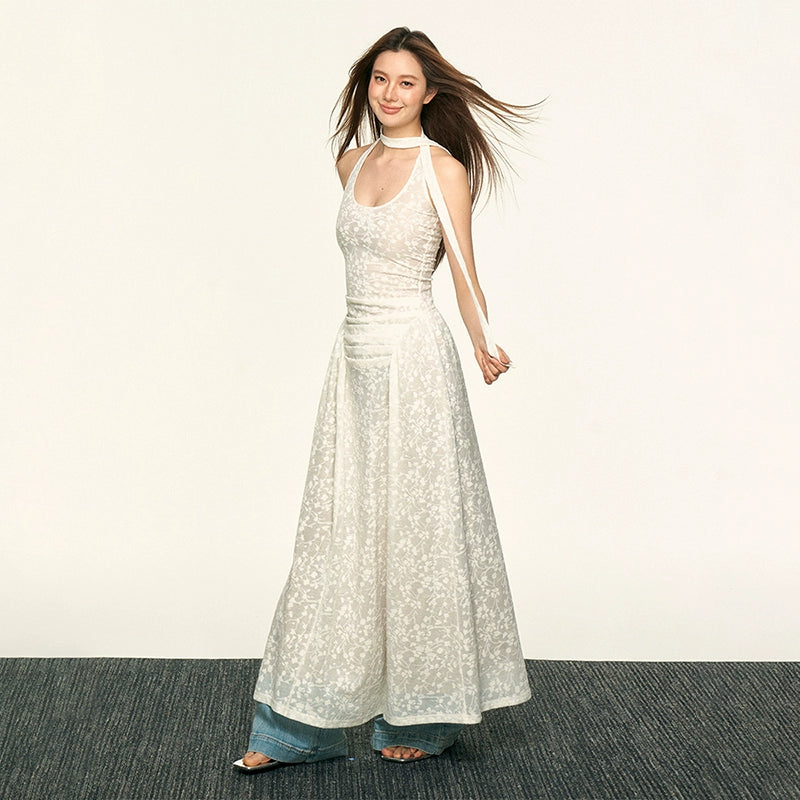Aaisup Lace Jacquard Waist Thin Floral Skirt