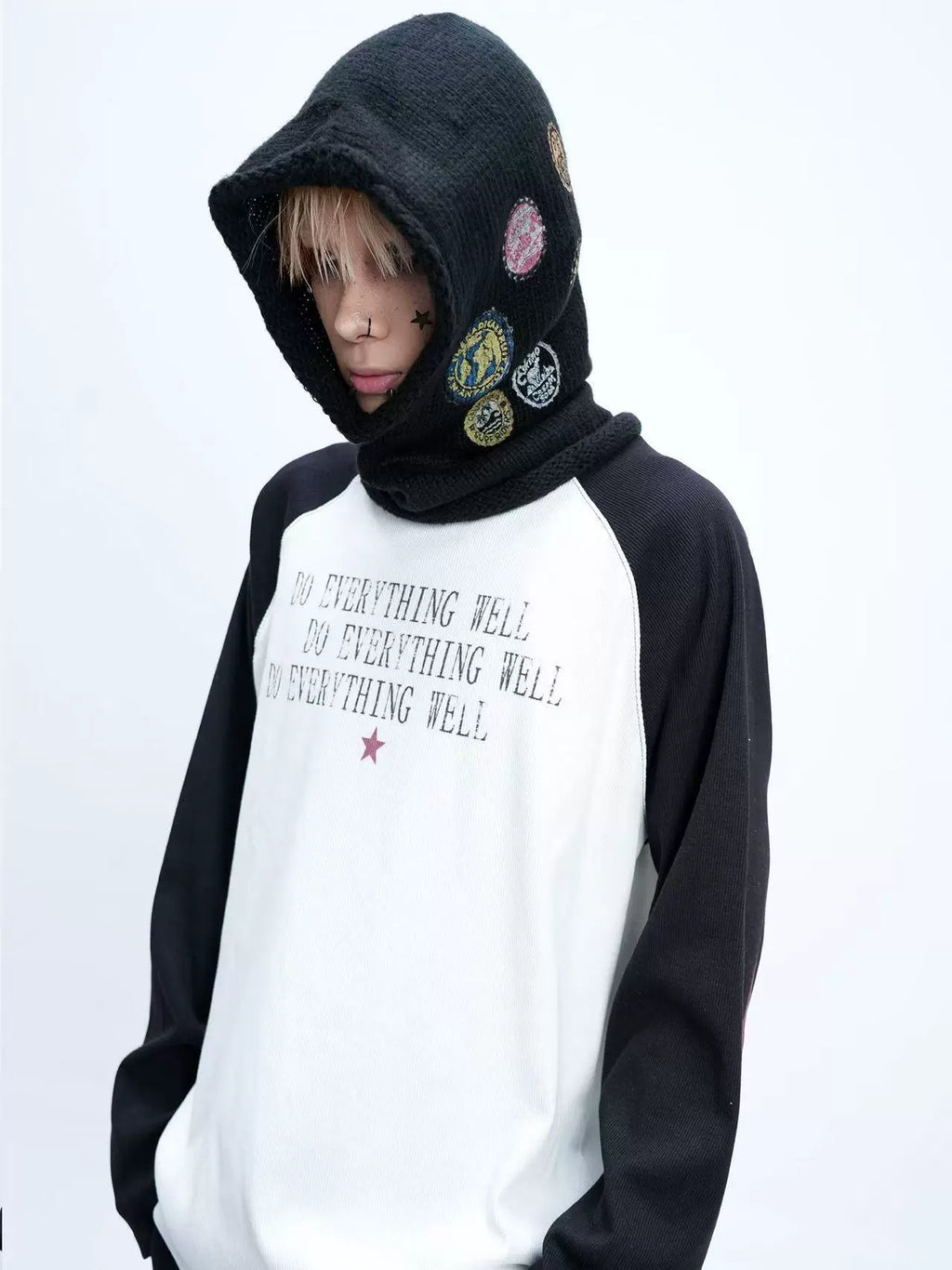 DETW 24AW * Original [Red Star Slogan] Threaded black and white splicing shoulder sleeve Tee