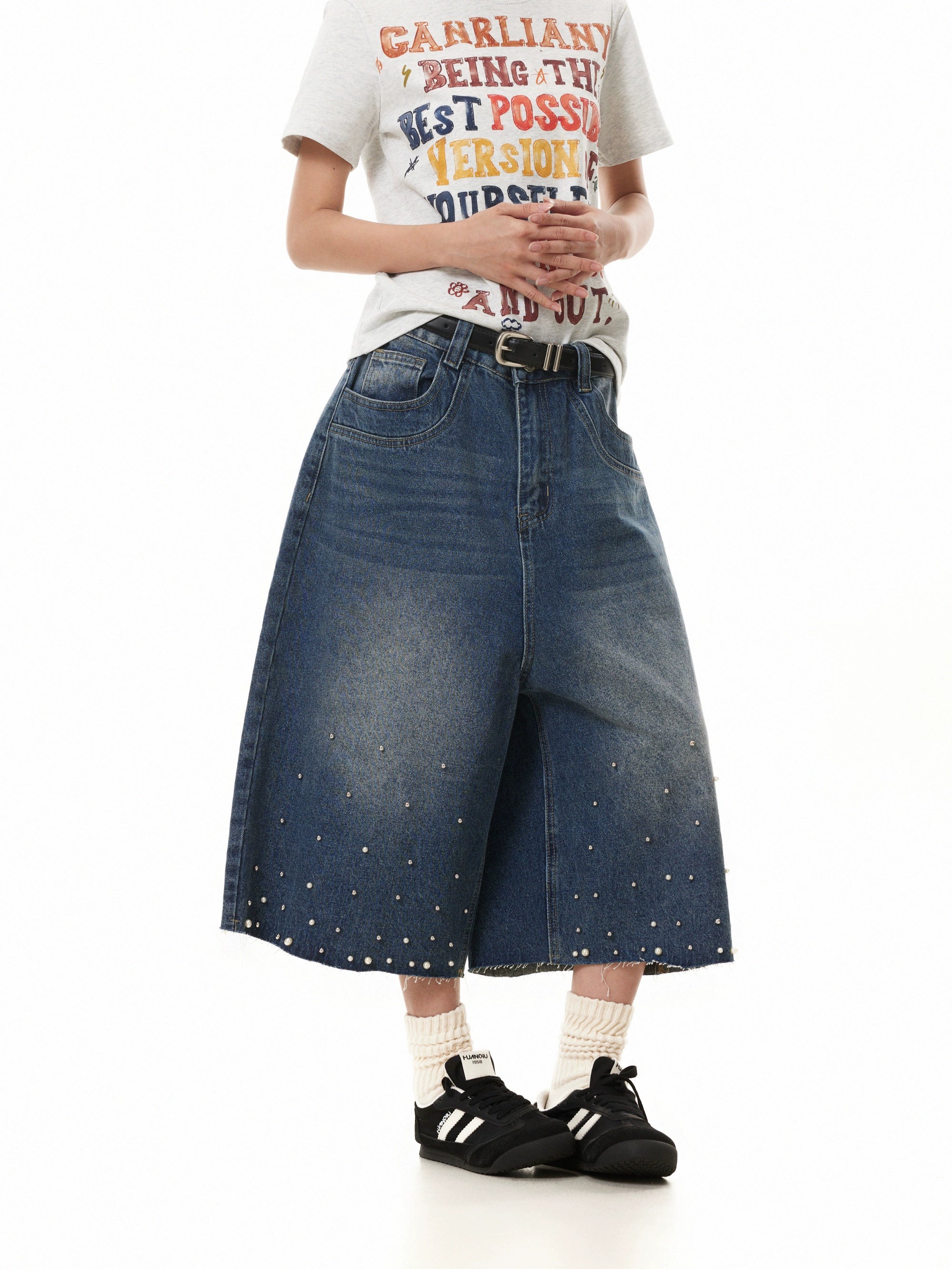 BTSG Pearl Vintage Loose Wide Leg Denim Shorts