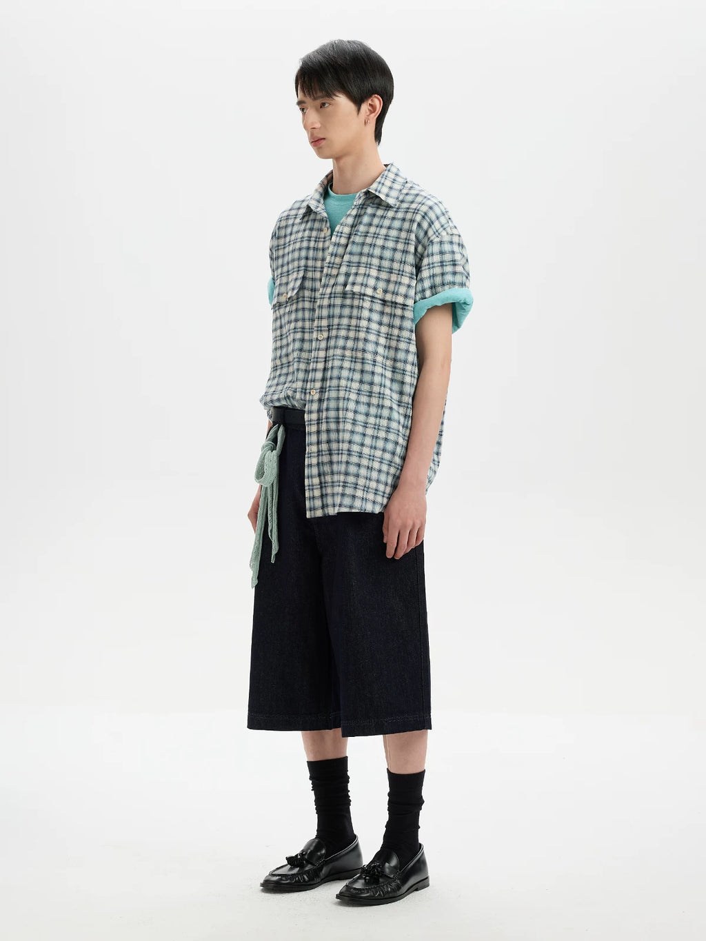 BUTTBILL 200g Plaid Drop-Shoulder Short-Sleeve Shirt