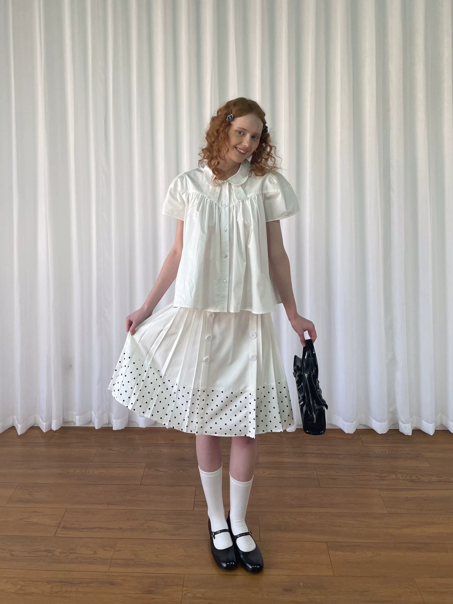 Loosesmell Double Breasted Splicing Polka Dot Crease Skirt