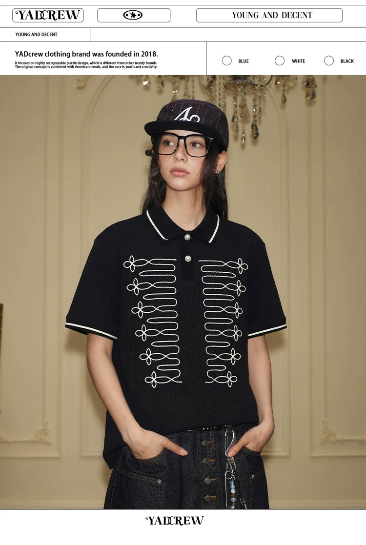 YADcrew Rope Embroidery Loose Lapel Tee