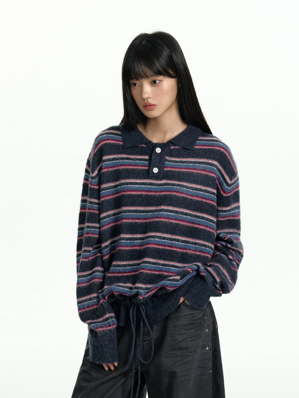 TGNS POLO Neck Drawstring Waist Striped Knitted Sweater