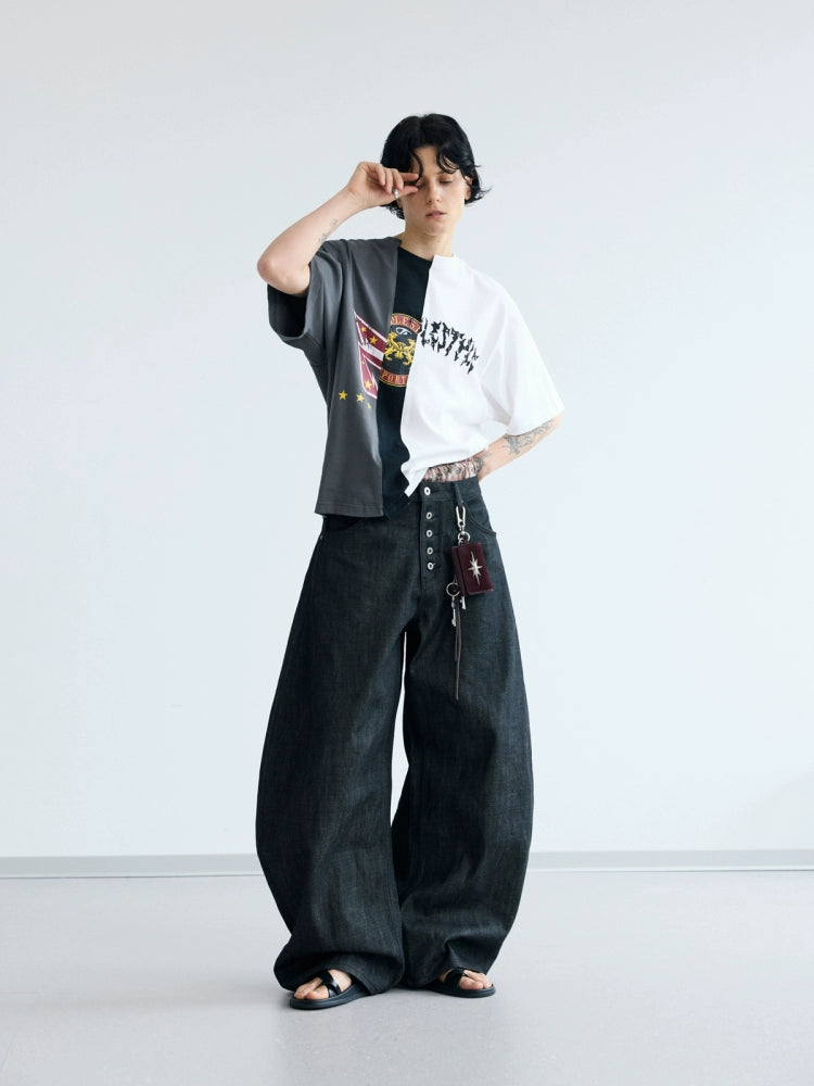 PEOPLESENSE Vintage Irregular Contrast Splicing Printed Tee