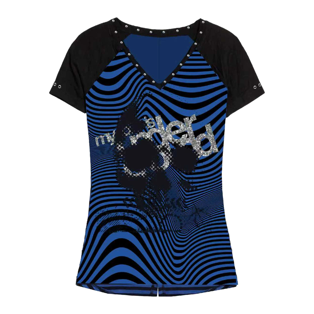 PAIKI Skull Striped Glitter Hot Gold Shoulder Slim Tee