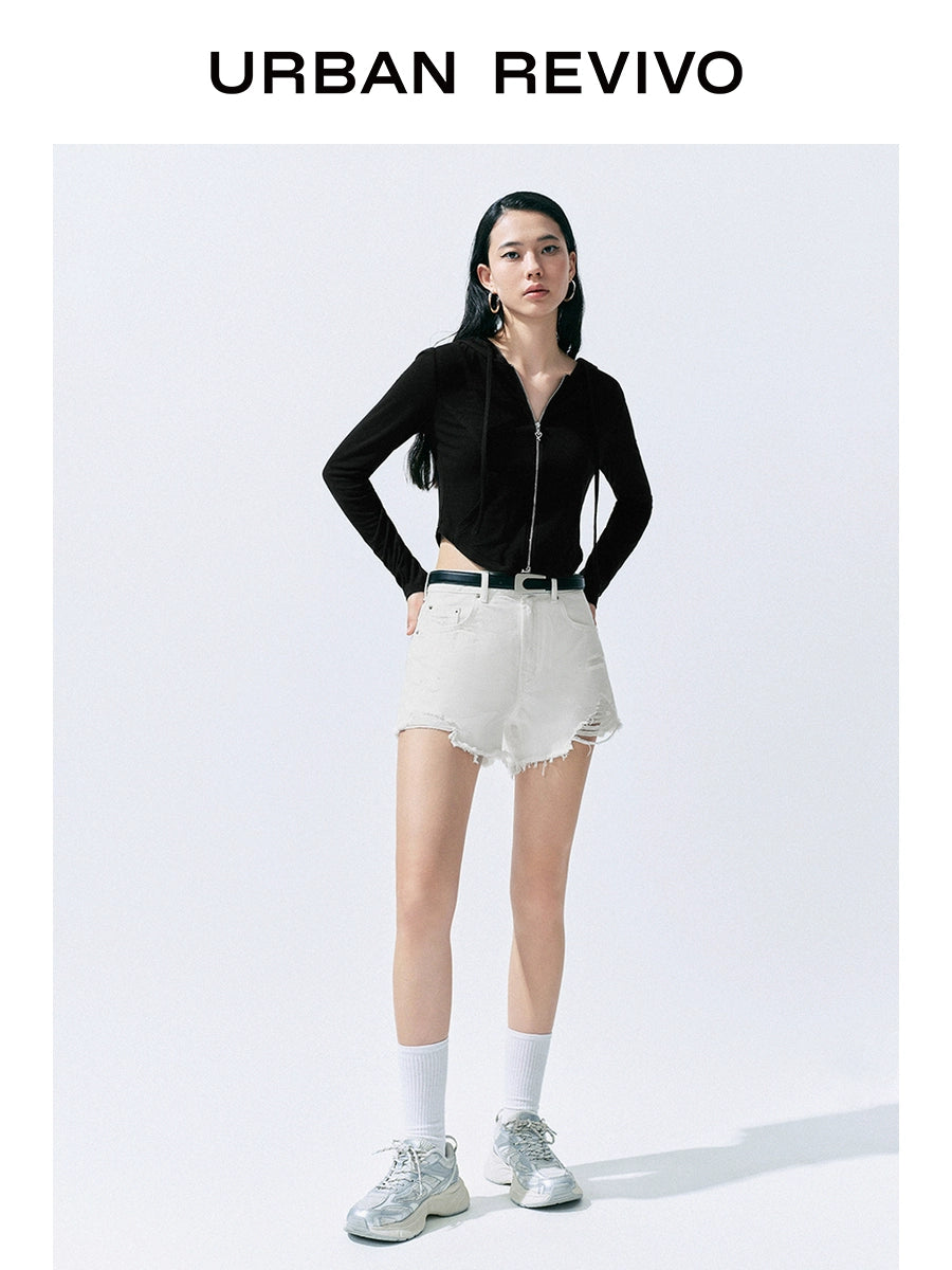 URBAN REVIVO Simple Street-style Fringed Casual Shorts