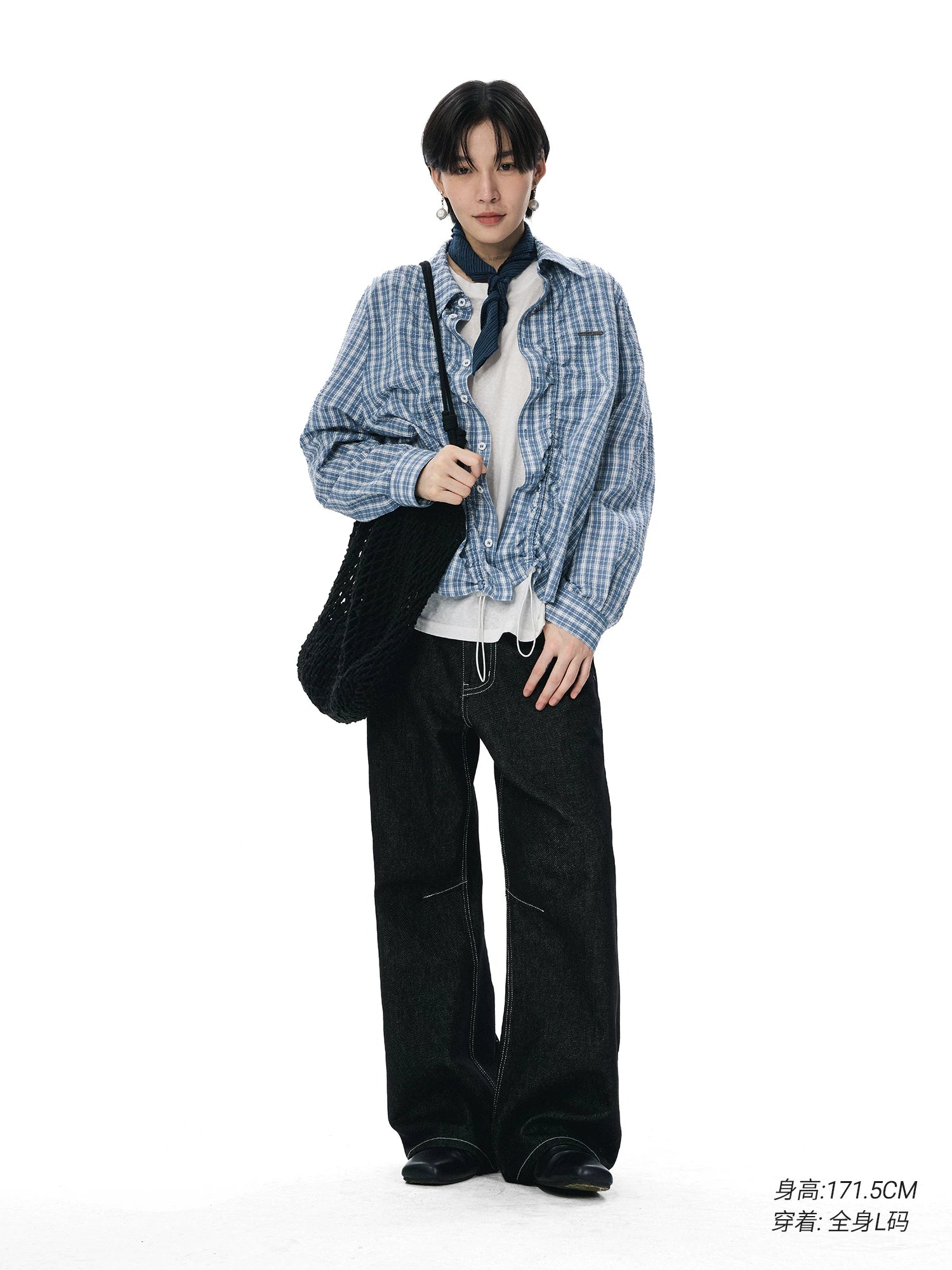 Sameuoo Drawstring Checked Long Sleeve Shirt
