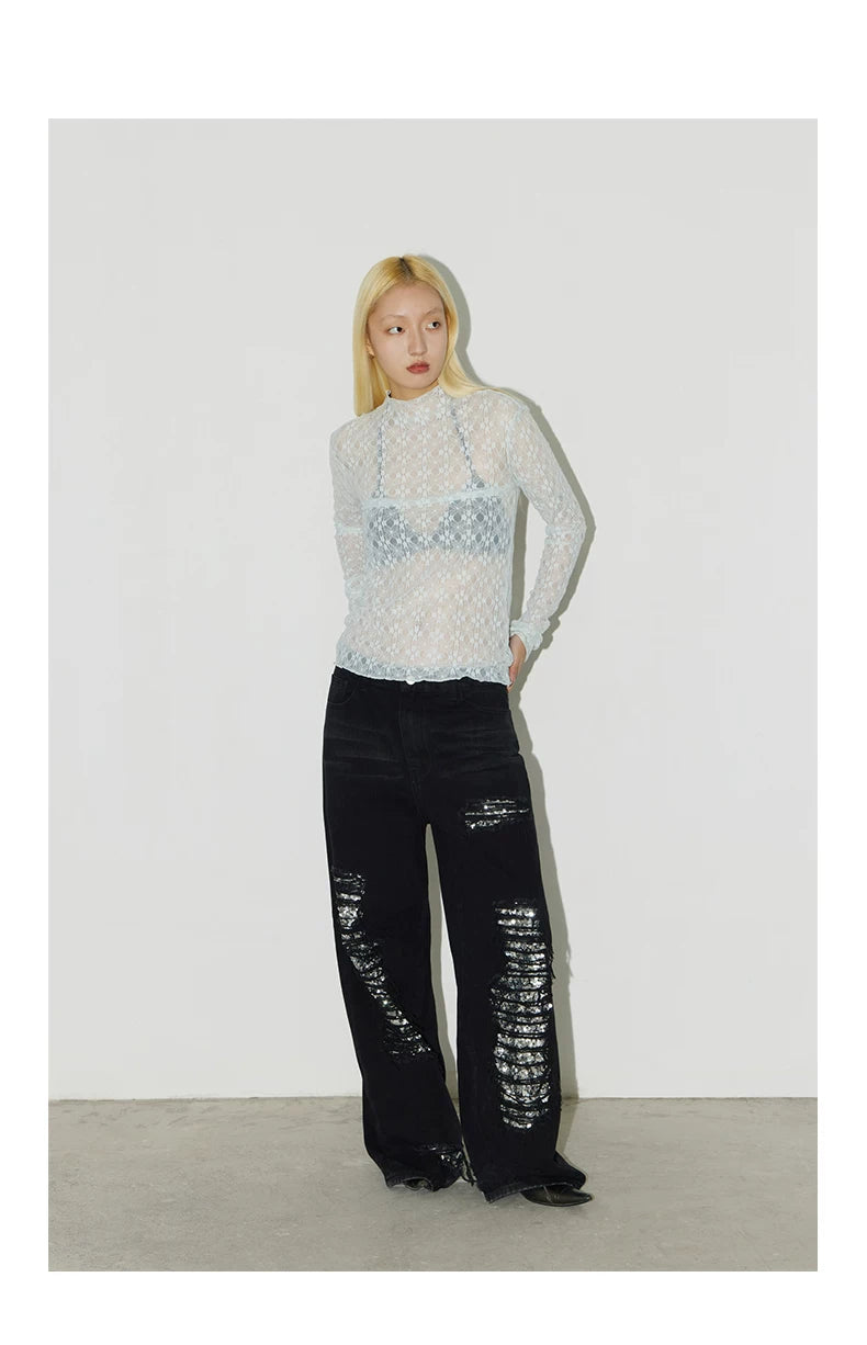 CONP Retro Sequined Ripped Jeans