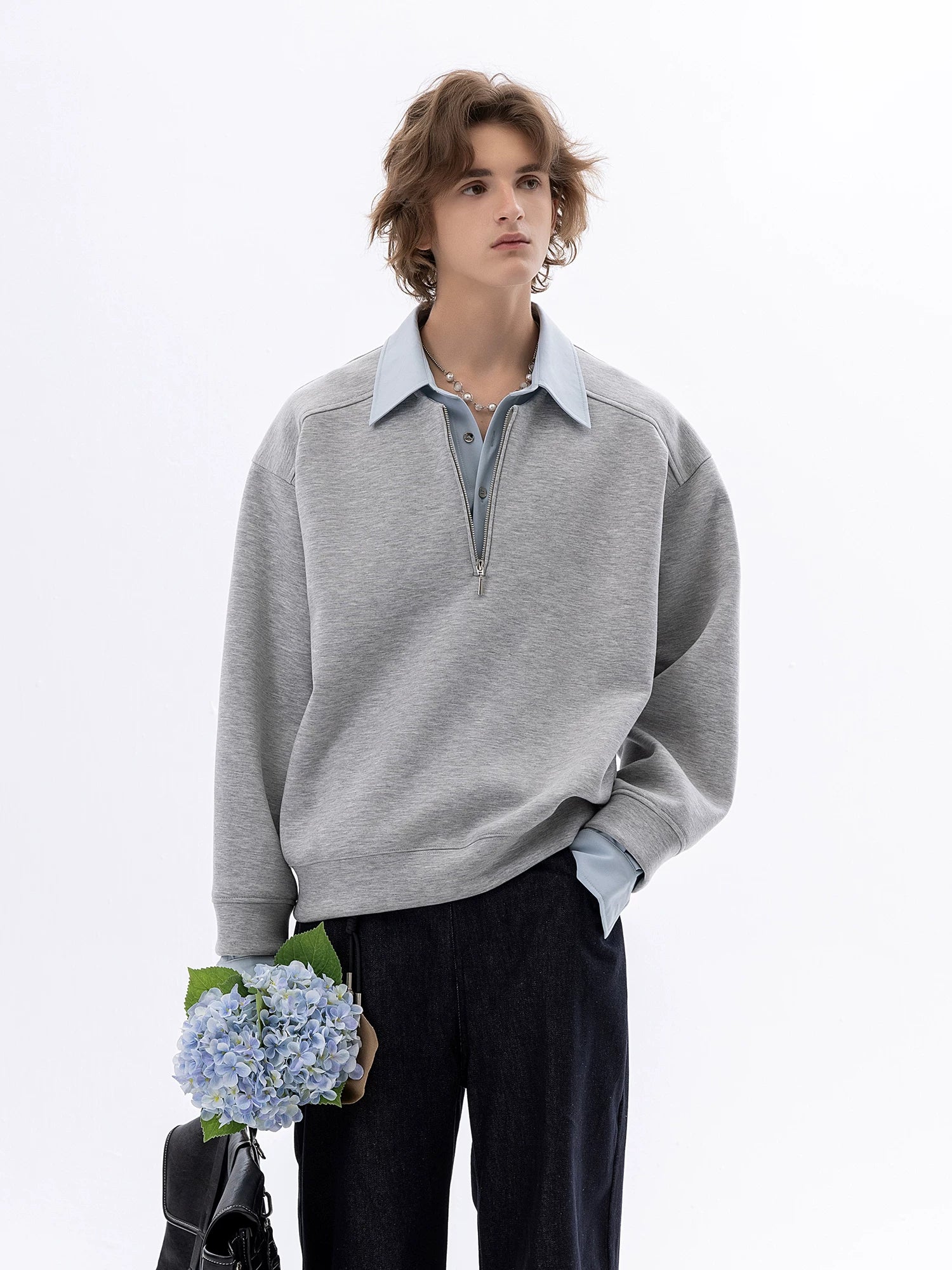 CHOR Fake Two-piece Color-matching Zipper Lapel Pullover Sweater