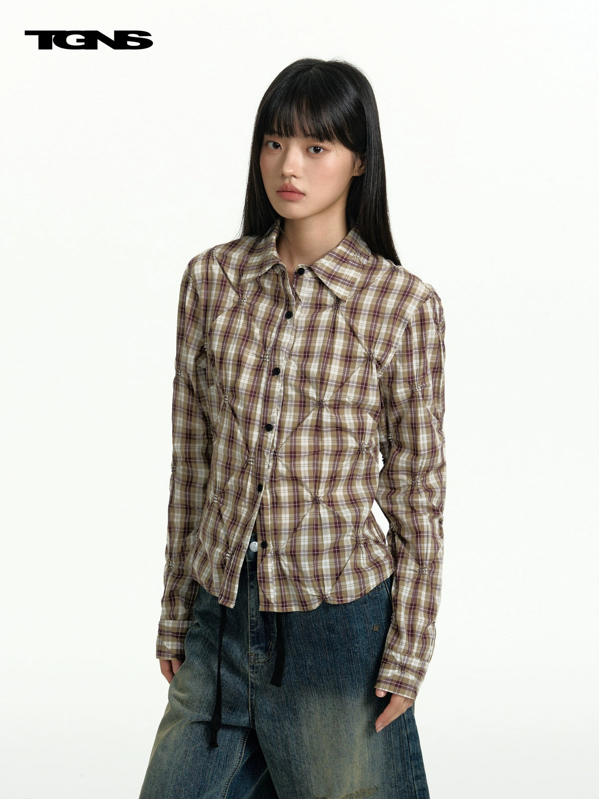 TGNS Rhombus Plaid Long-sleeved Shirt