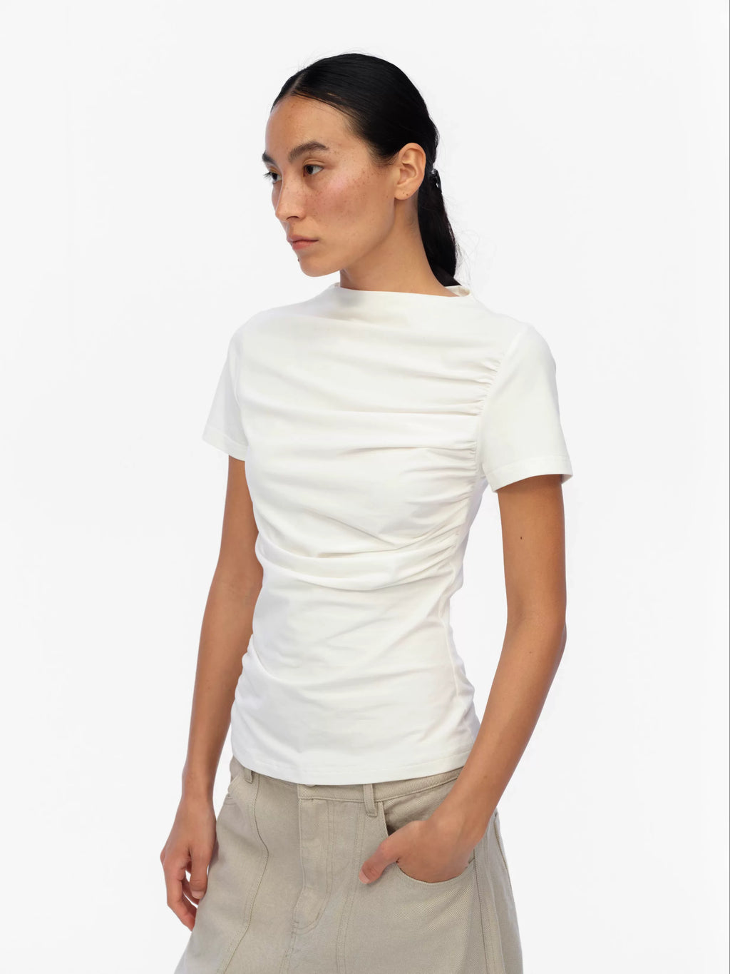 Oinimi Fold Front Shoulder Waist Thin Tee