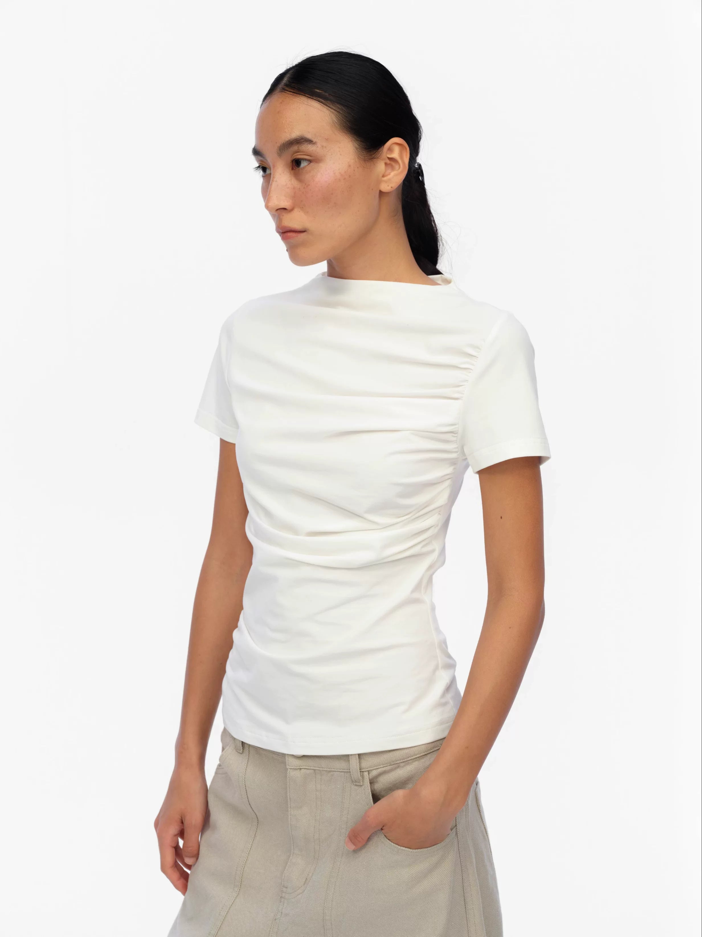 Oinimi Fold Front Shoulder Waist Thin Tee
