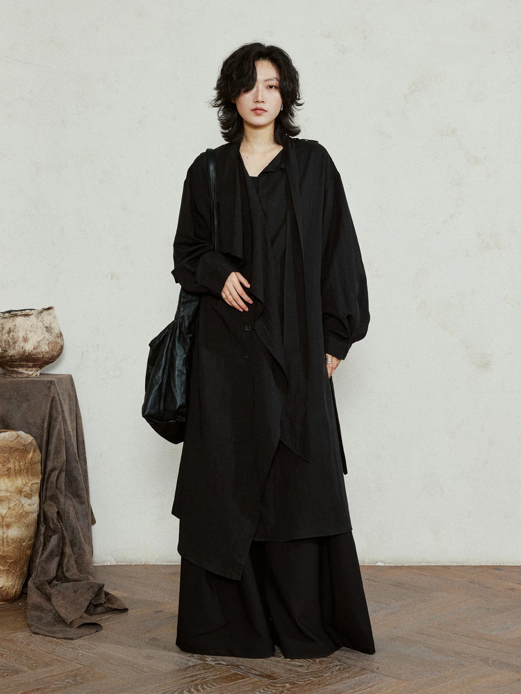 SUNYVONNE Asymmetrical Large Lapel Long Belted Coat