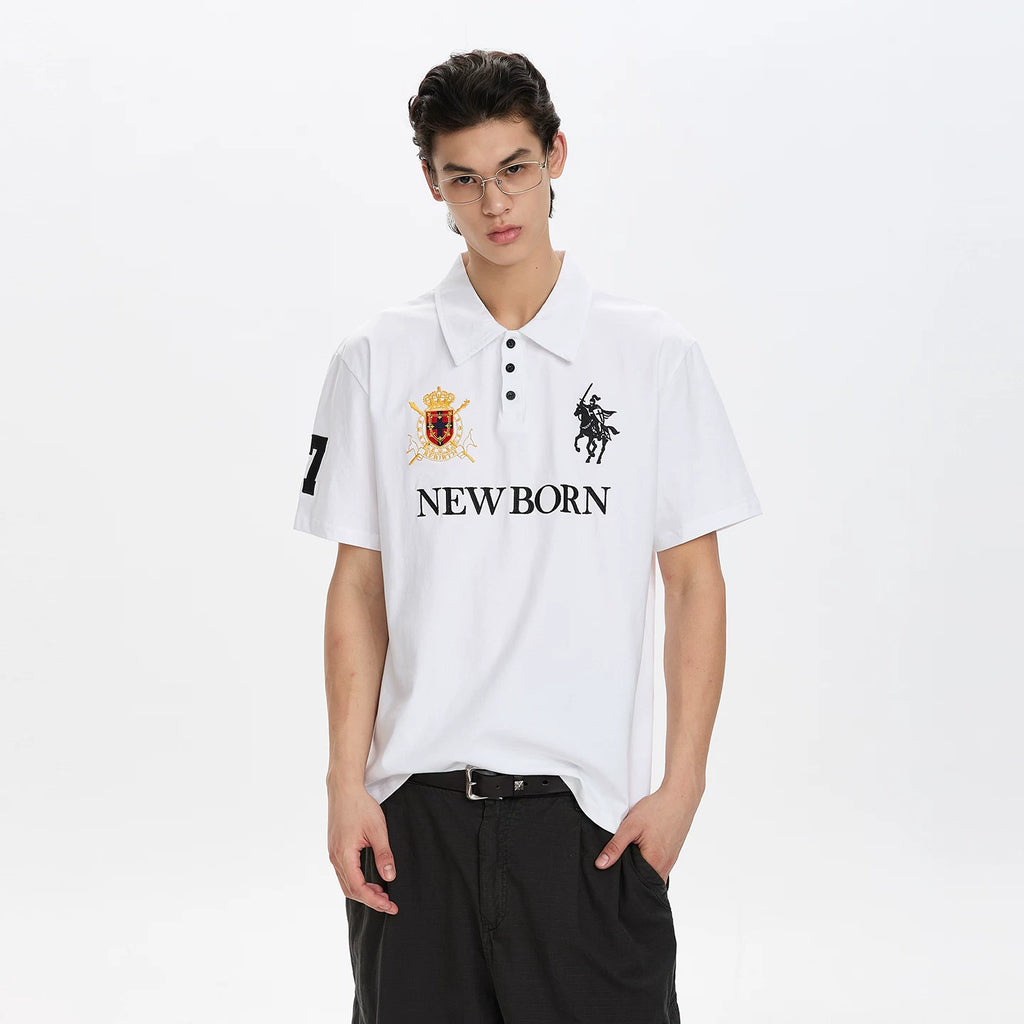 A PUEE Retro Alphabet Front Shoulder Embroidered Polo Shirt