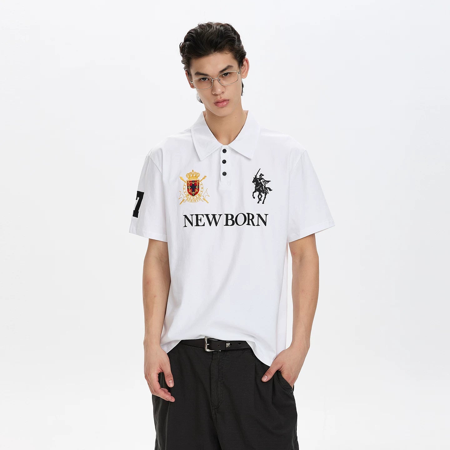 A PUEE Retro Alphabet Front Shoulder Embroidered Polo Shirt