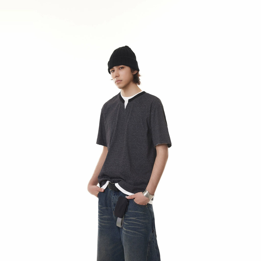 BTSG fake two-piece stacked Henry collar Tee