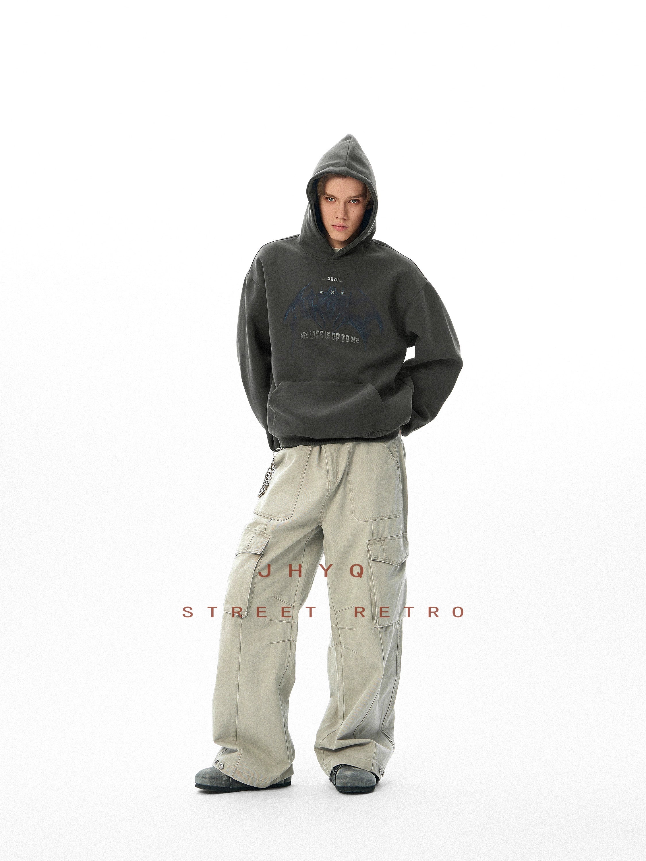 JHYQ Retro Beaded Dark Bat Print Hoodie