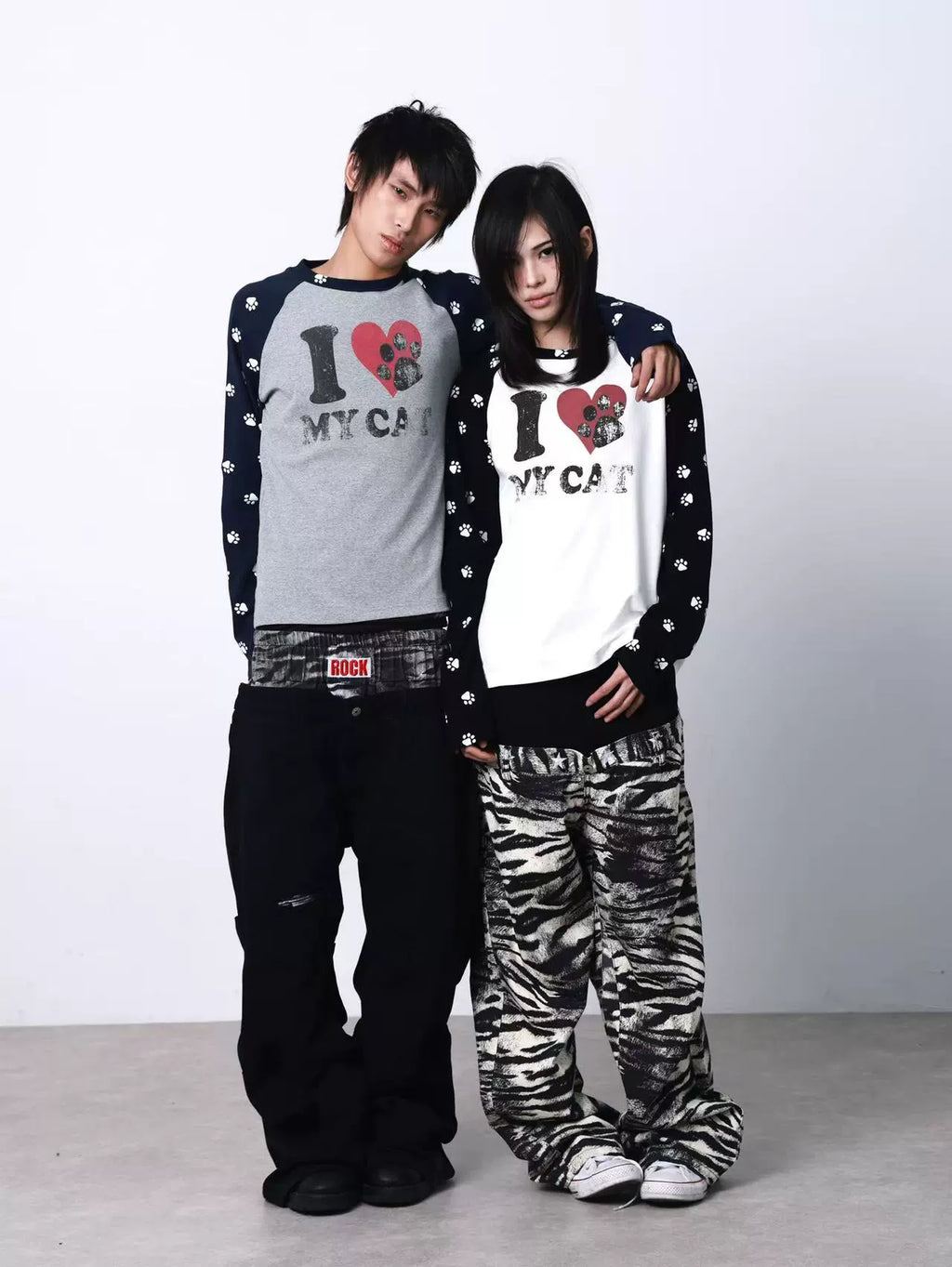 DETW Love Cat Print Splicing Round Neck Long Sleeve