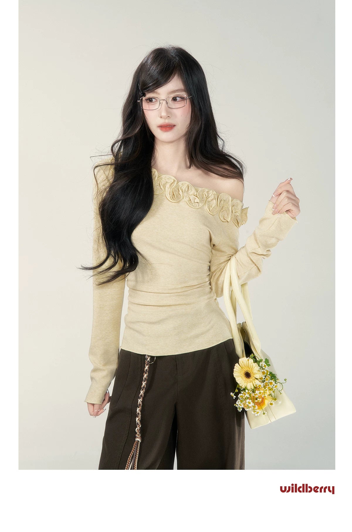 Wildberry Slant Shoulder Stand Flower Slim Knit Long Sleeve