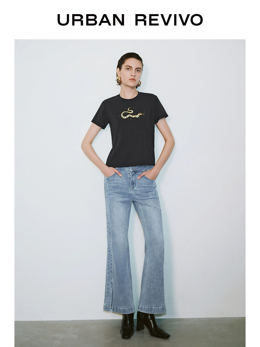 URBAN REVIVO Fun Casual Embroidery Curled Short Sleeve Tee