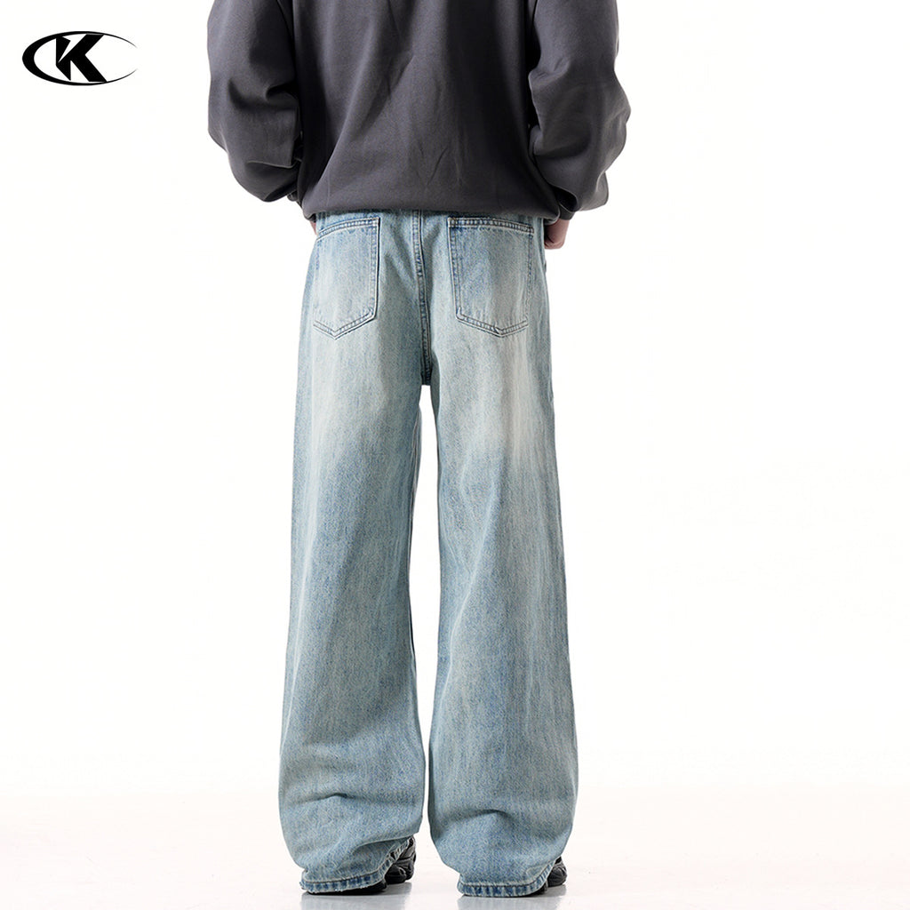 11KN Street Retro Blue Jeans American High Street Distressed Washed Straight Slim Loose Wide-leg Jeans