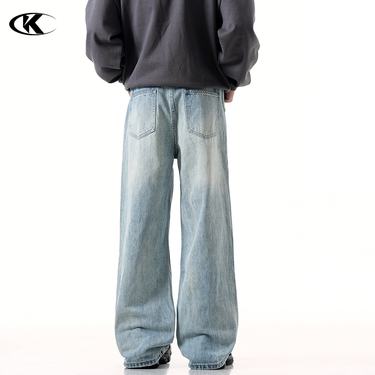 11KN Street Retro Blue Jeans American High Street Distressed Washed Straight Slim Loose Wide-leg Jeans