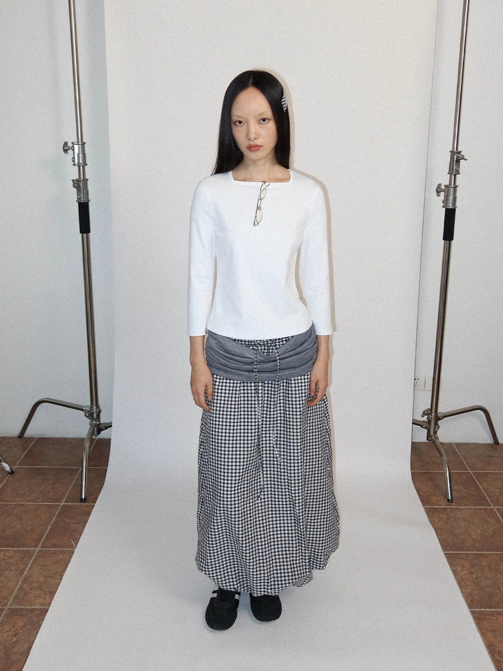 FUNKYFUN Splicing Pleated Plaid Bud Skirt