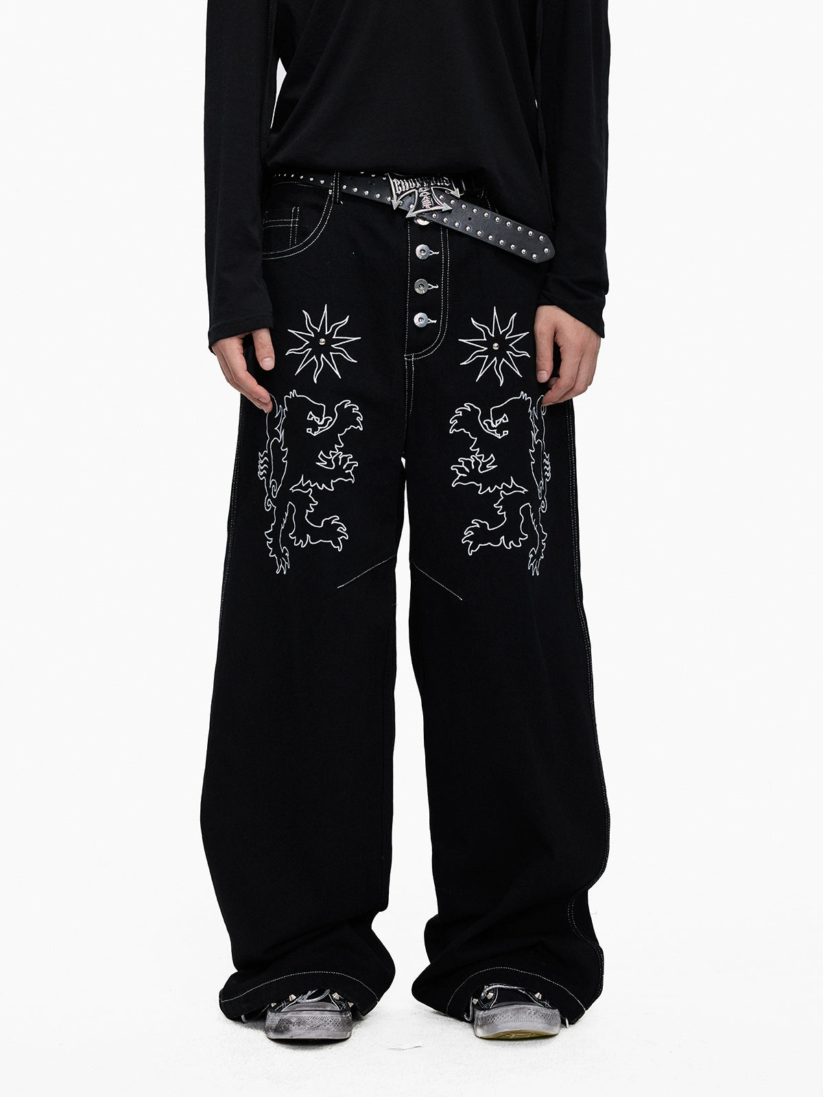Lightinus Embroidered Breasted Wide-leg Jeans