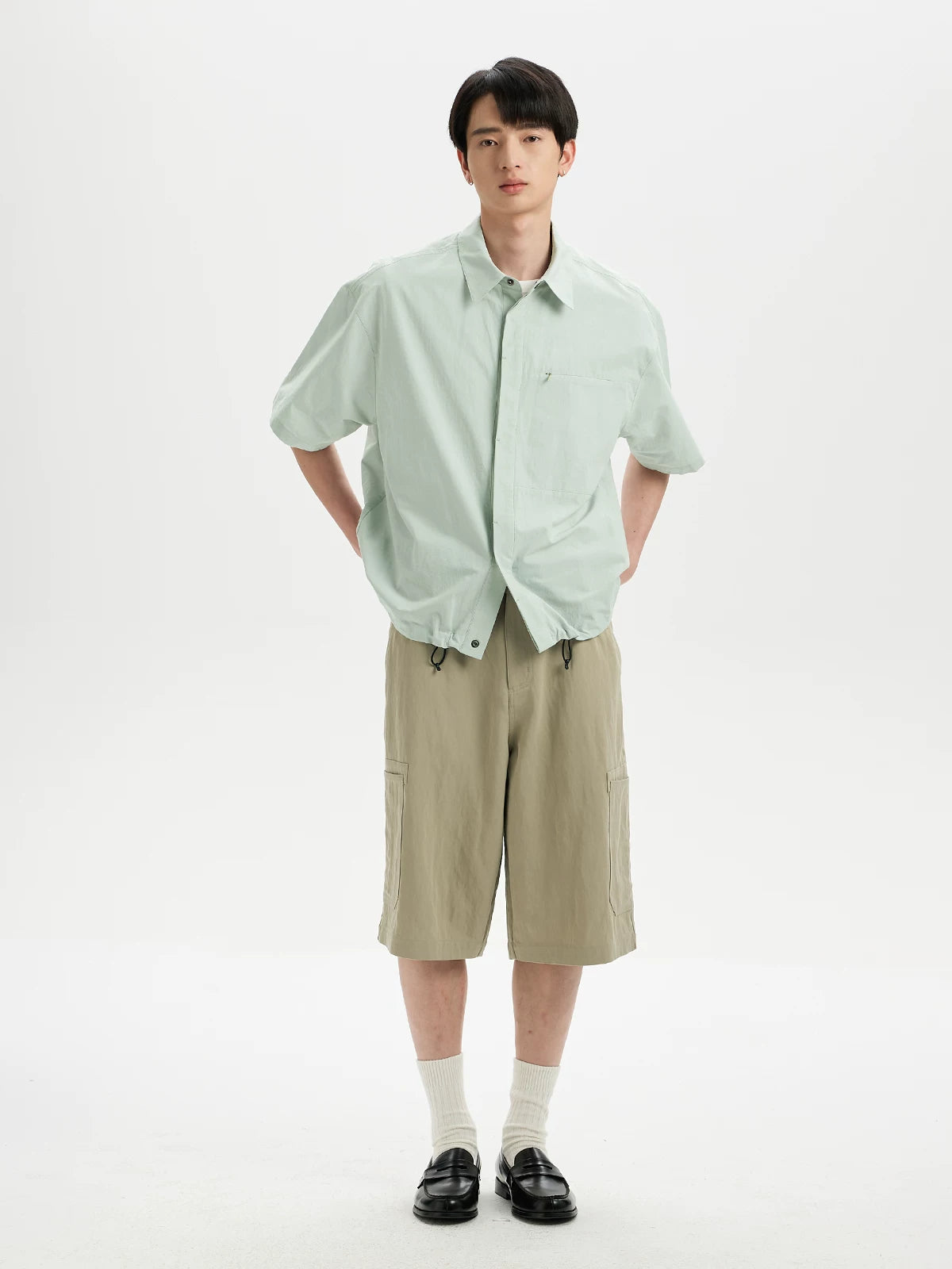 BUTTBILL Hem Elastic Cotton and Linen Short-sleeved Shirt