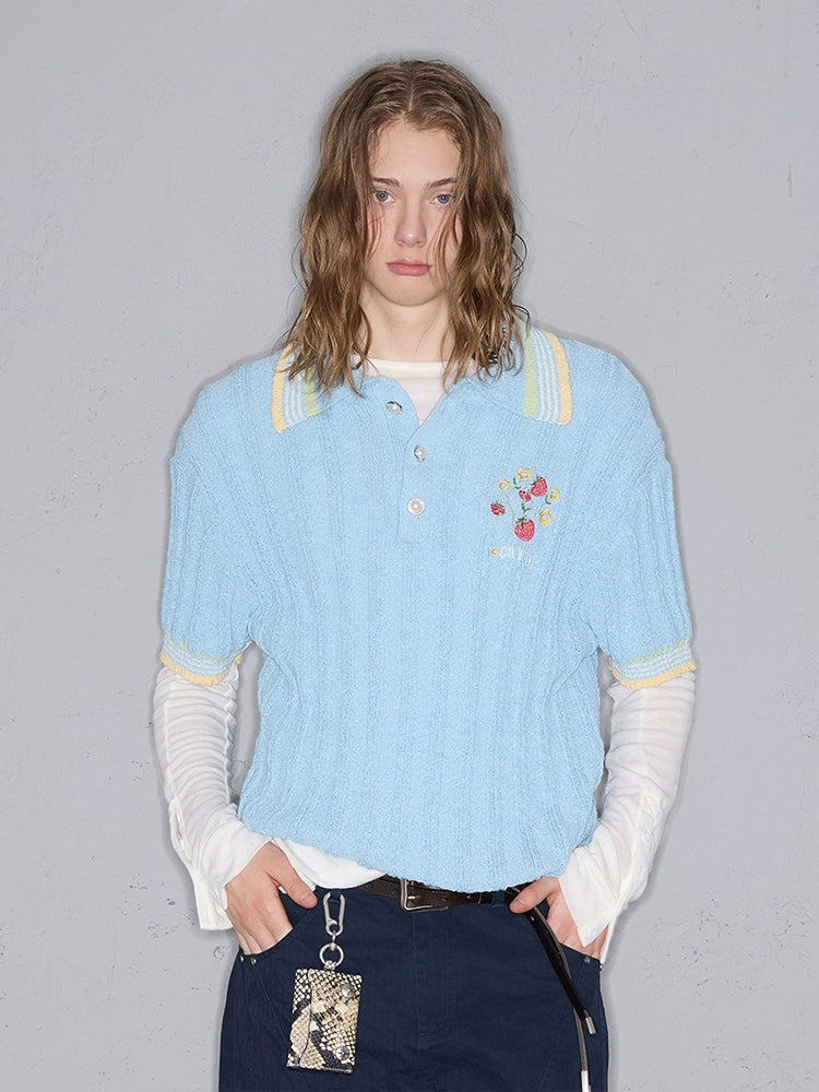 Rocawear Cloth Striped Pearl Buckle Embroidered Polo Shirt