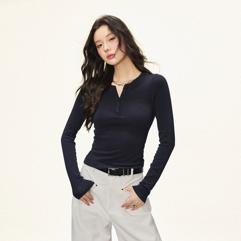 Cherry Melody Cropped Ribbed Henley Long-Sleeve Tee