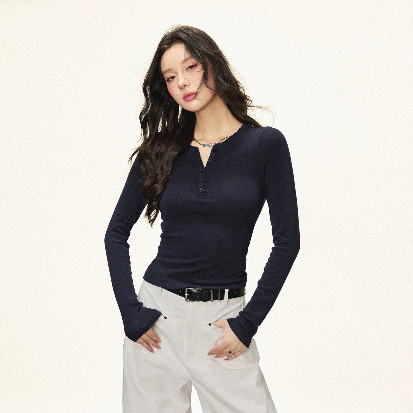 Cherry Melody Cropped Ribbed Henley Long-Sleeve Tee